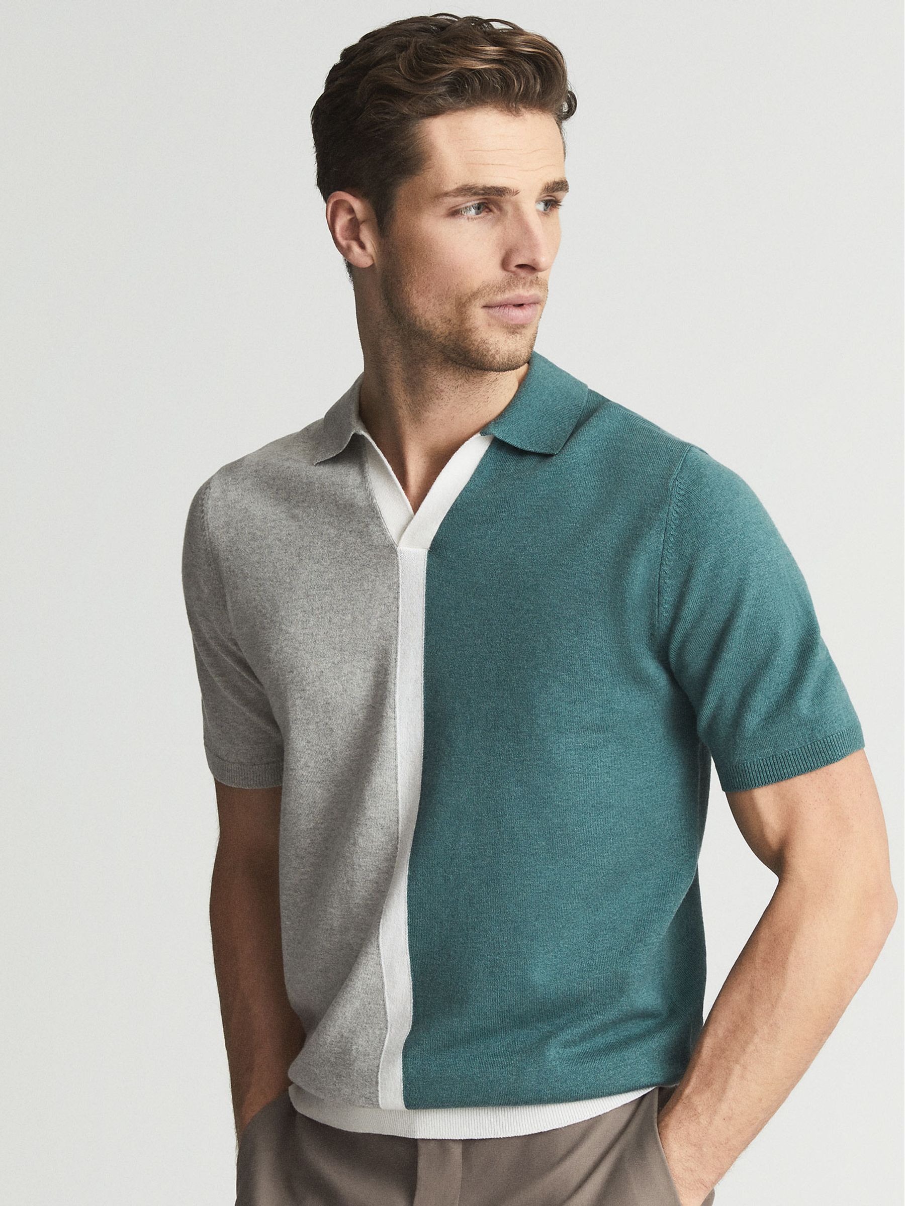 Colour Block Knitted Polo T-Shirt in Teal - Image 4 of 5