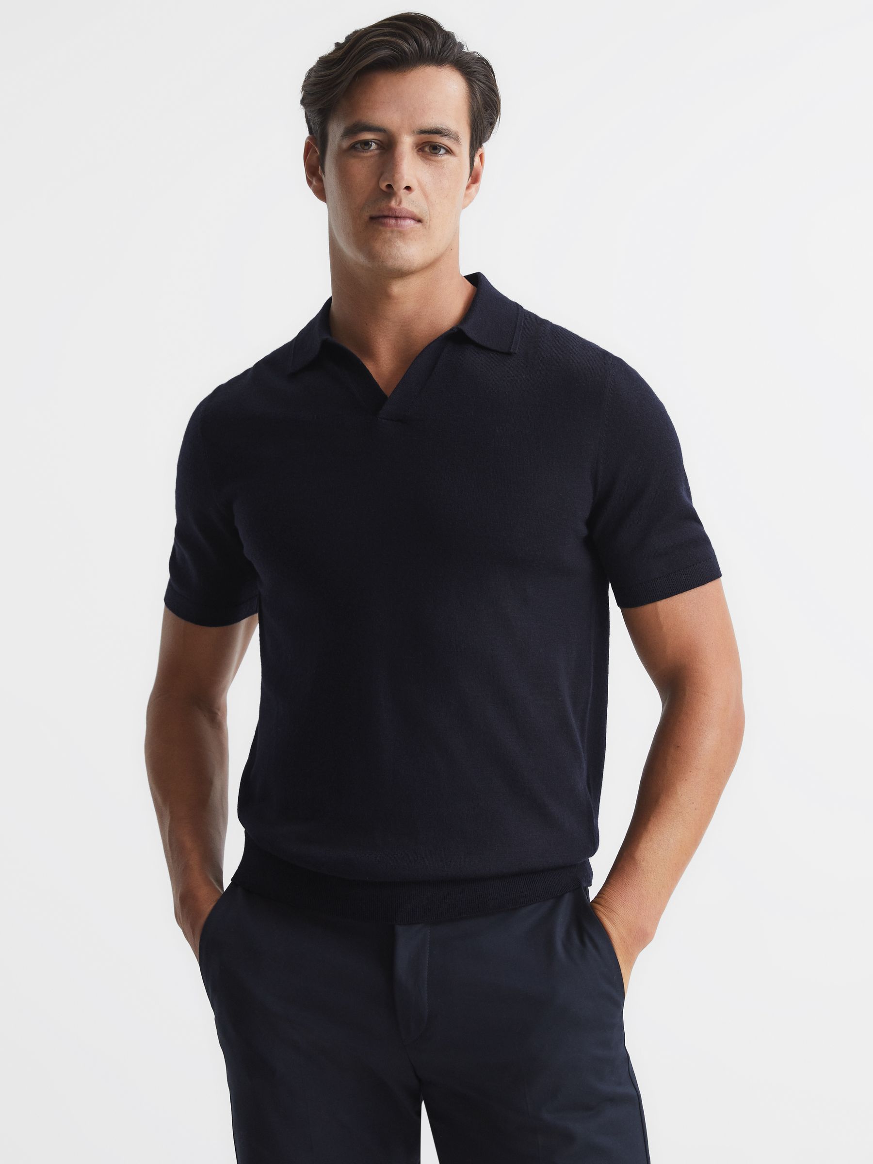 Merino Wool Open Collar Polo Shirt in Navy - Image 1 of 7
