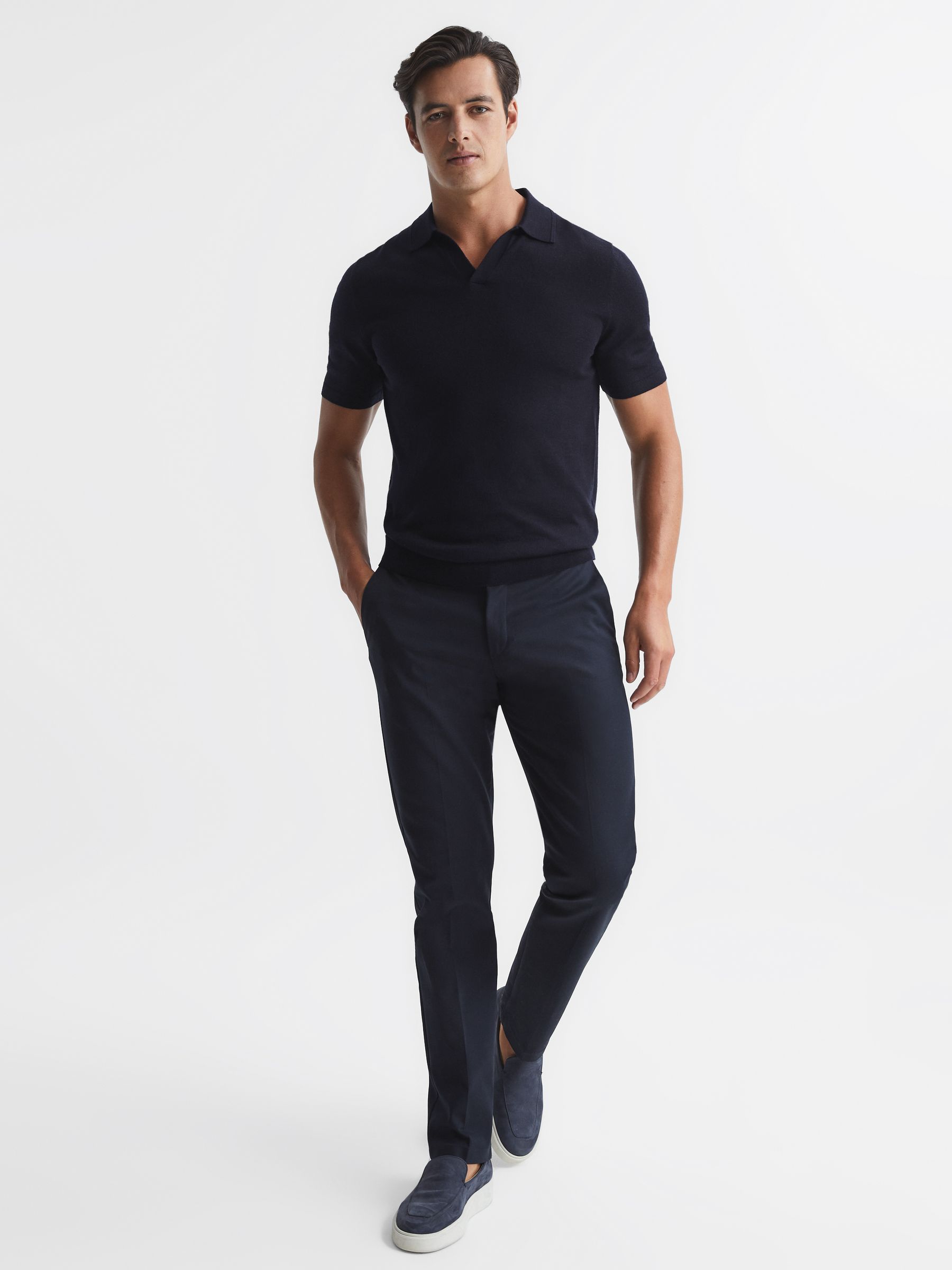 Merino Wool Open Collar Polo Shirt in Navy - Image 3 of 7