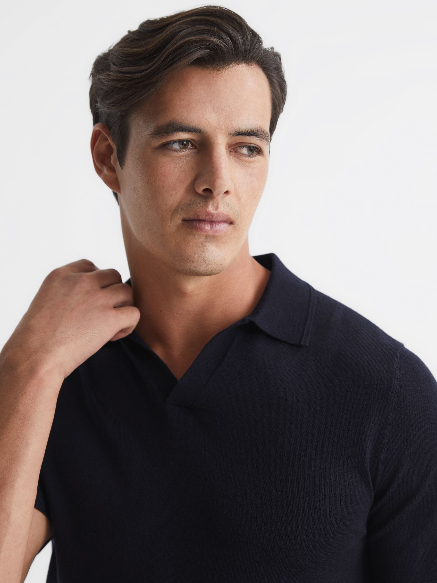 Merino Wool Open Collar Polo Shirt in Navy - Image 4 of 7