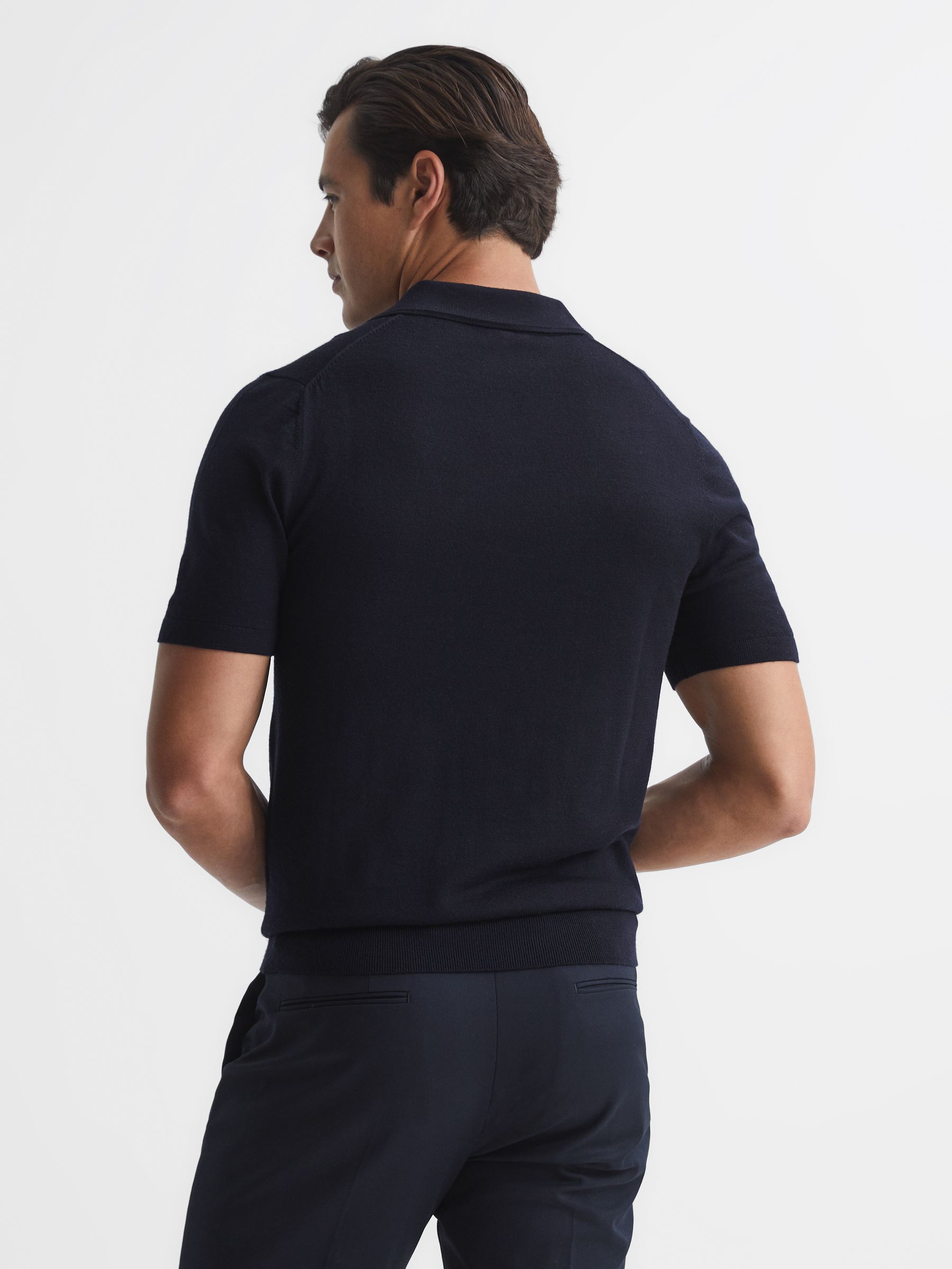 Merino Wool Open Collar Polo Shirt in Navy - Image 5 of 7