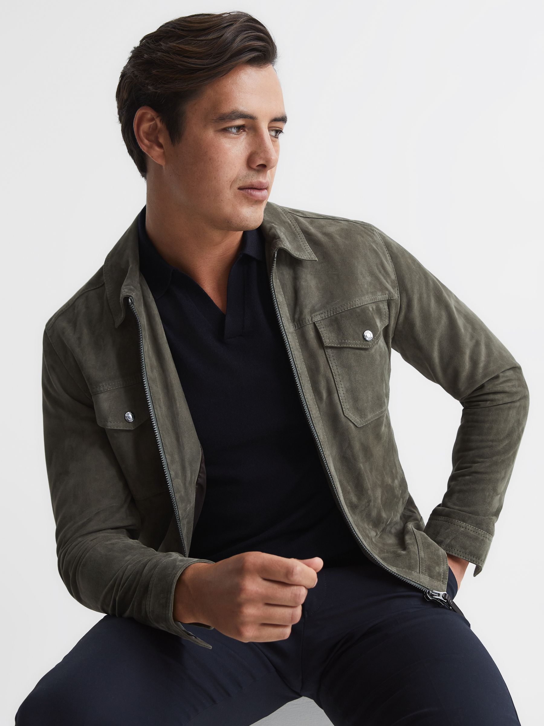 Merino Wool Open Collar Polo Shirt in Navy - Image 6 of 7