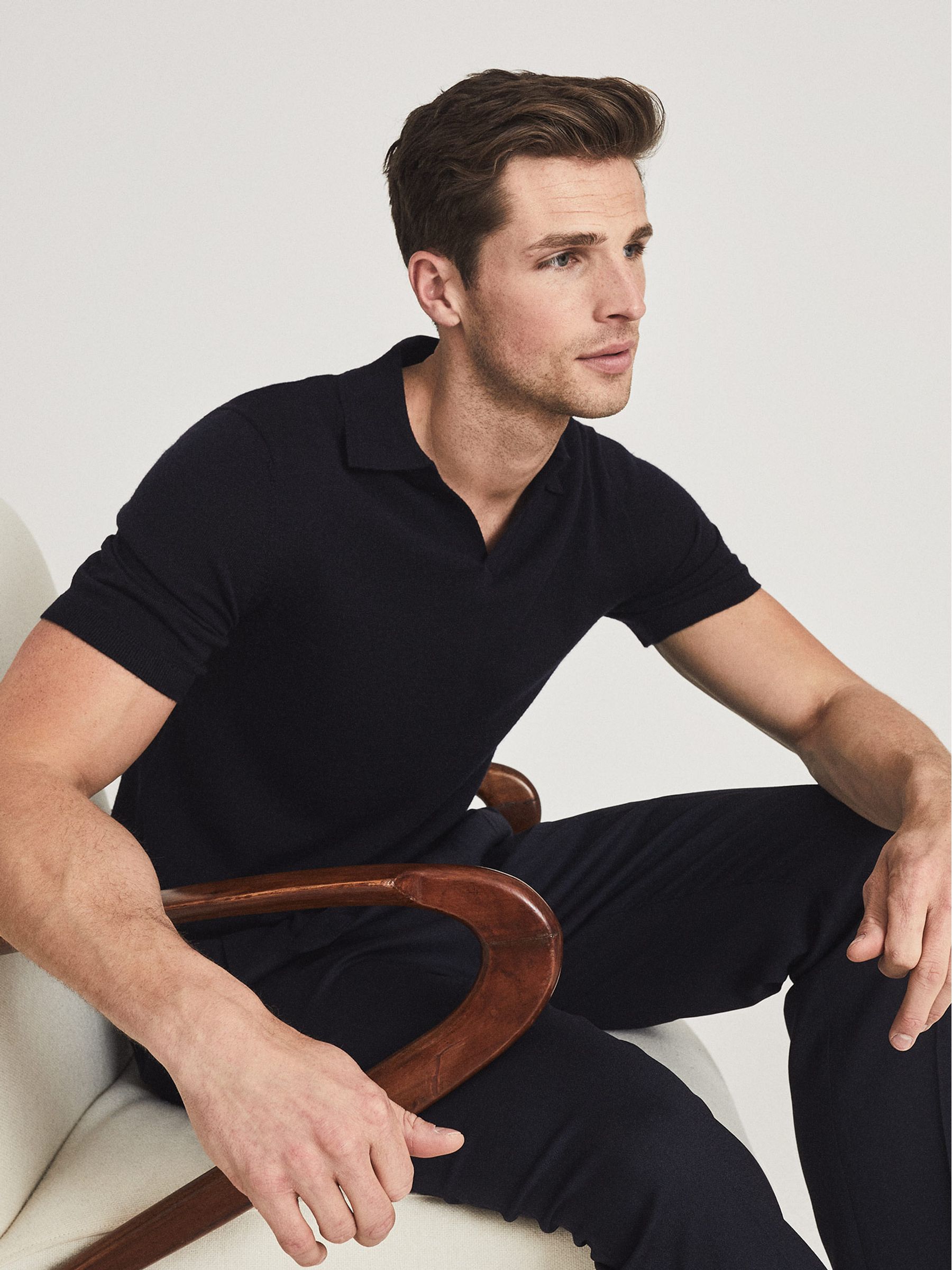 Merino Wool Open Collar Polo Shirt in Navy - Image 7 of 7