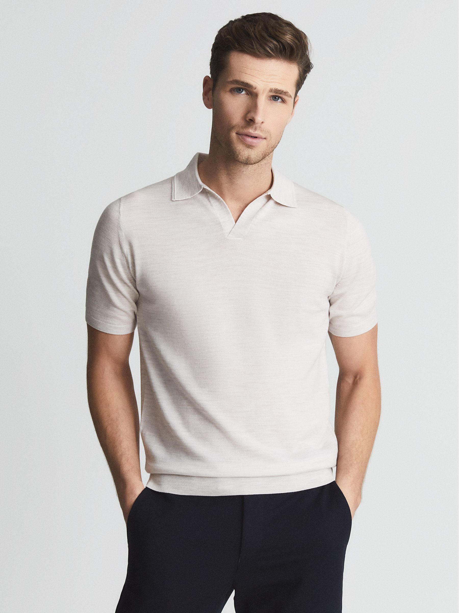Merino Wool Open Collar Polo Shirt in Clay - Image 1 of 5