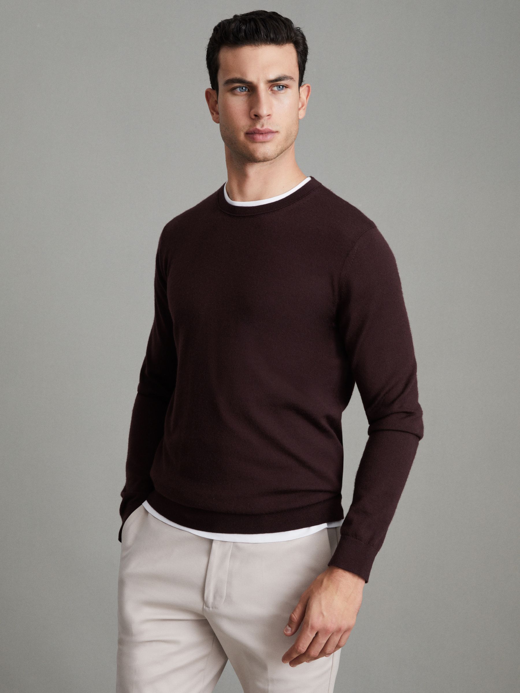 Merino Wool Crew Neck Jumper in Bordeaux - Image 1 of 6