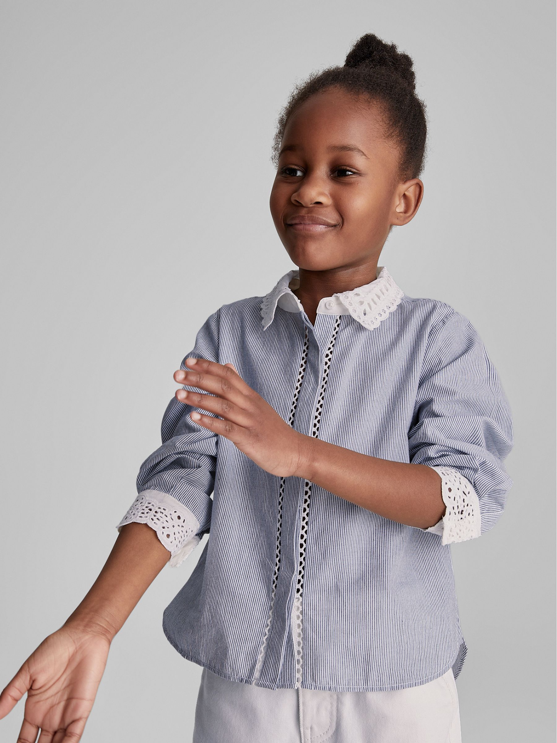 Stripe Embroidered Collar Blouse in Blue - Image 1 of 7 Stripe Embroidered Collar Blouse in Blue - Image 1 of 7
