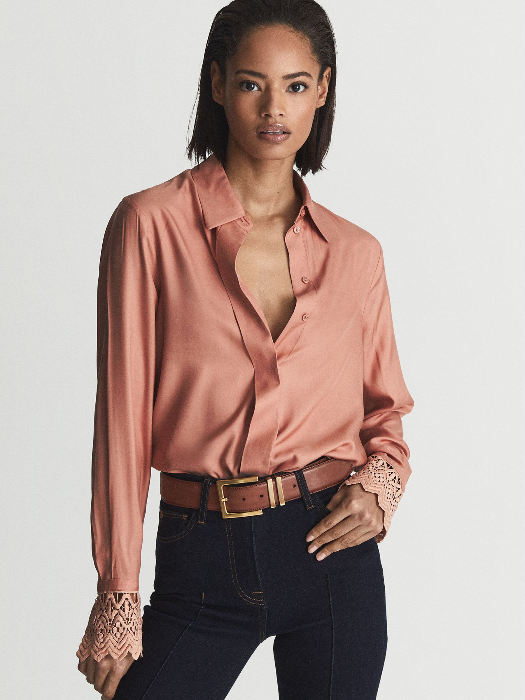 treatürself Rose accent shirt blouse Reiss Lace Cuff Shirt Blouse in Pink - REISS