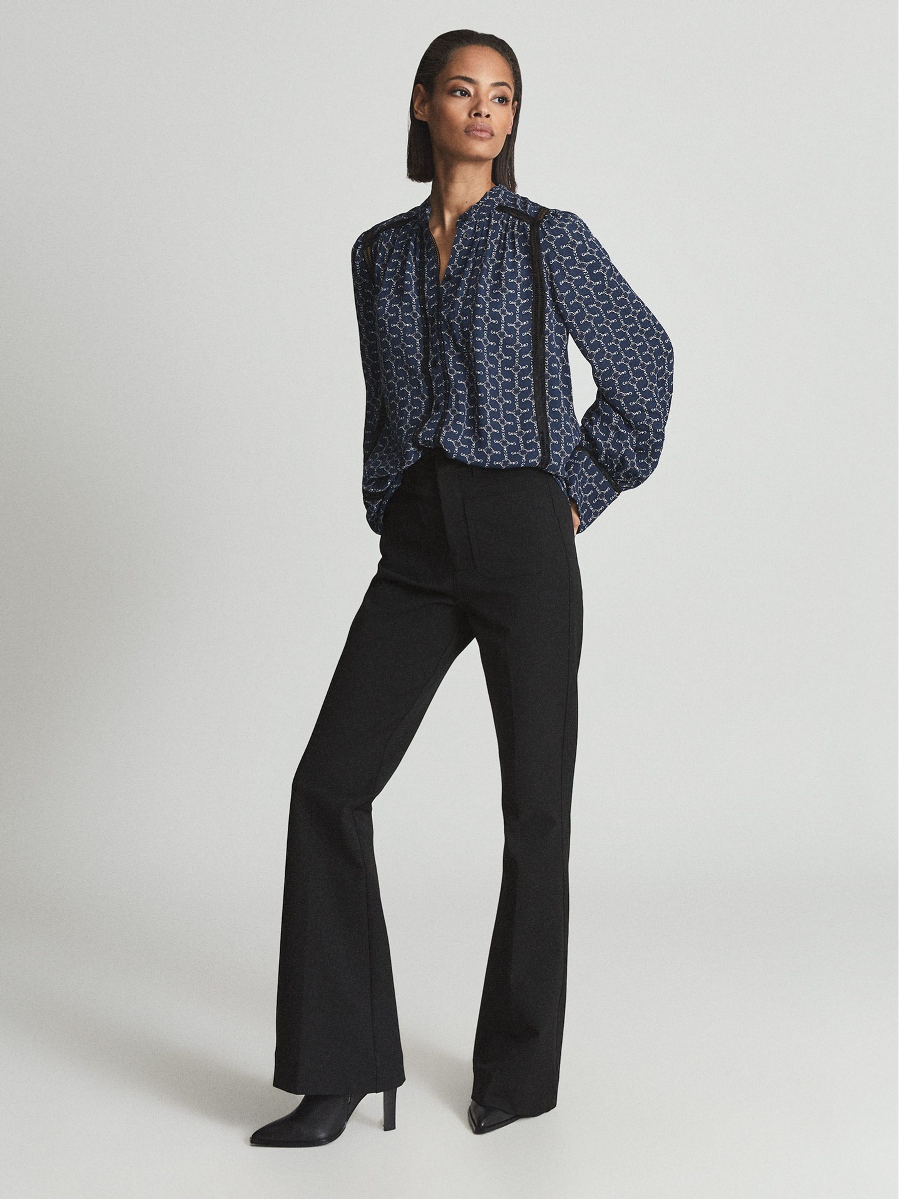 Chain Print Satin Blouse in Navy - Image 1 of 5