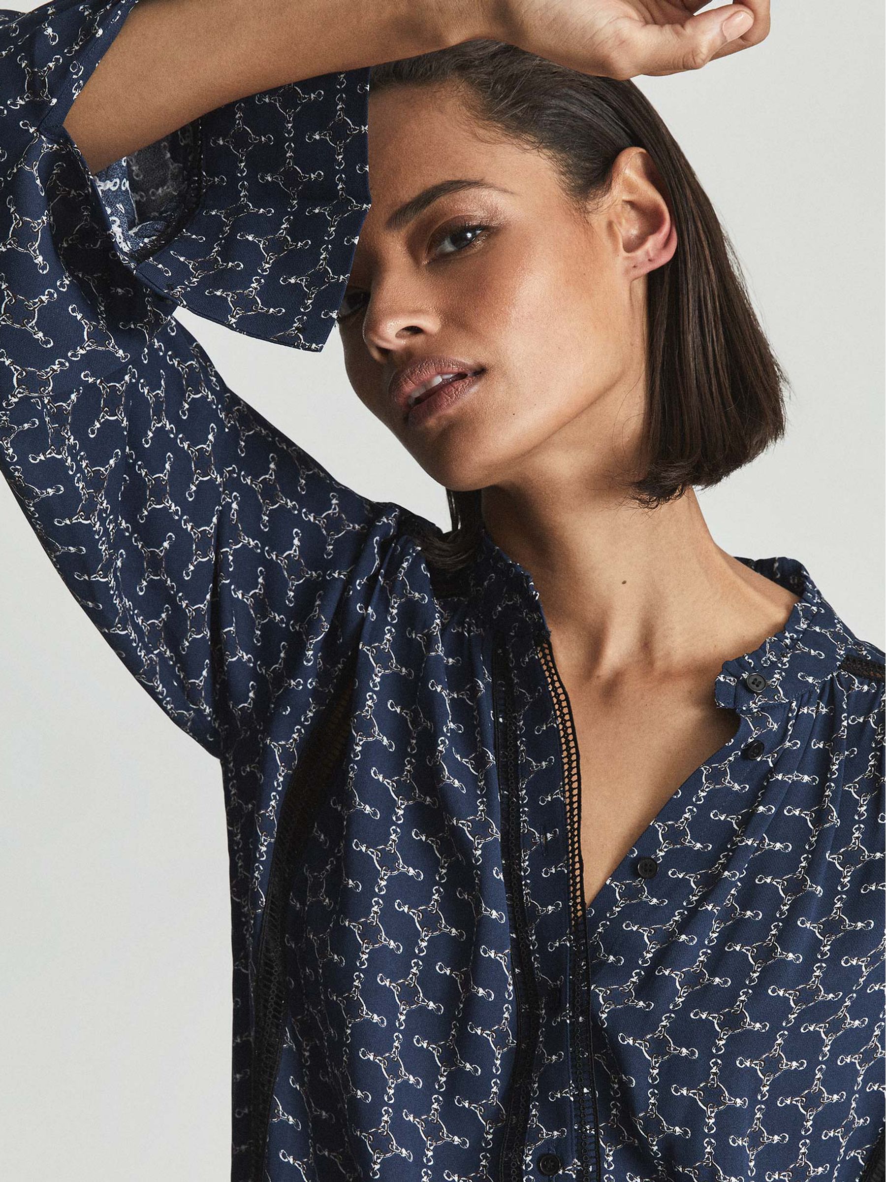 Chain Print Satin Blouse in Navy - Image 3 of 5