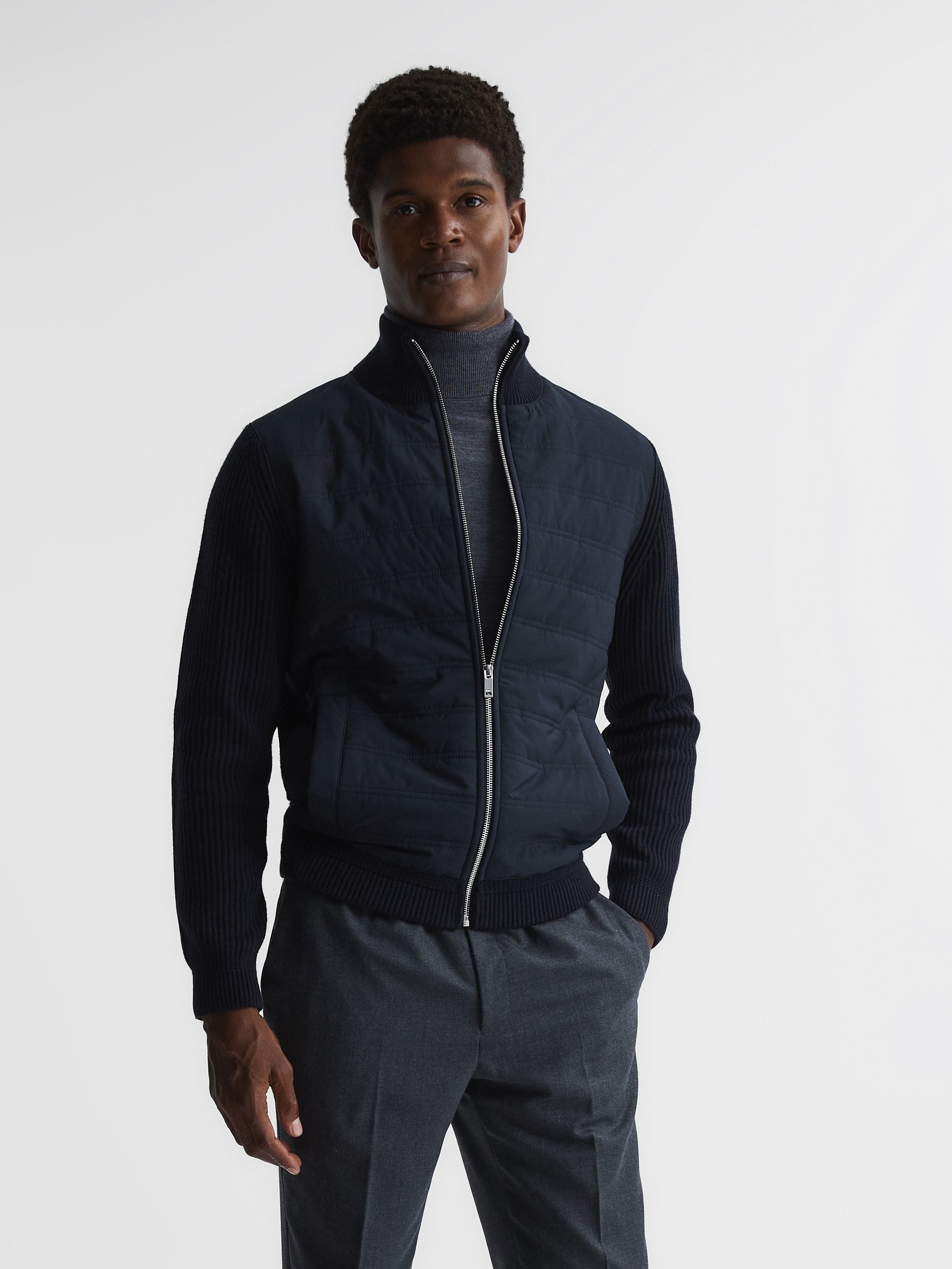 Hybrid Zip Through Quilted Jumper in Navy - Image 1 of 6