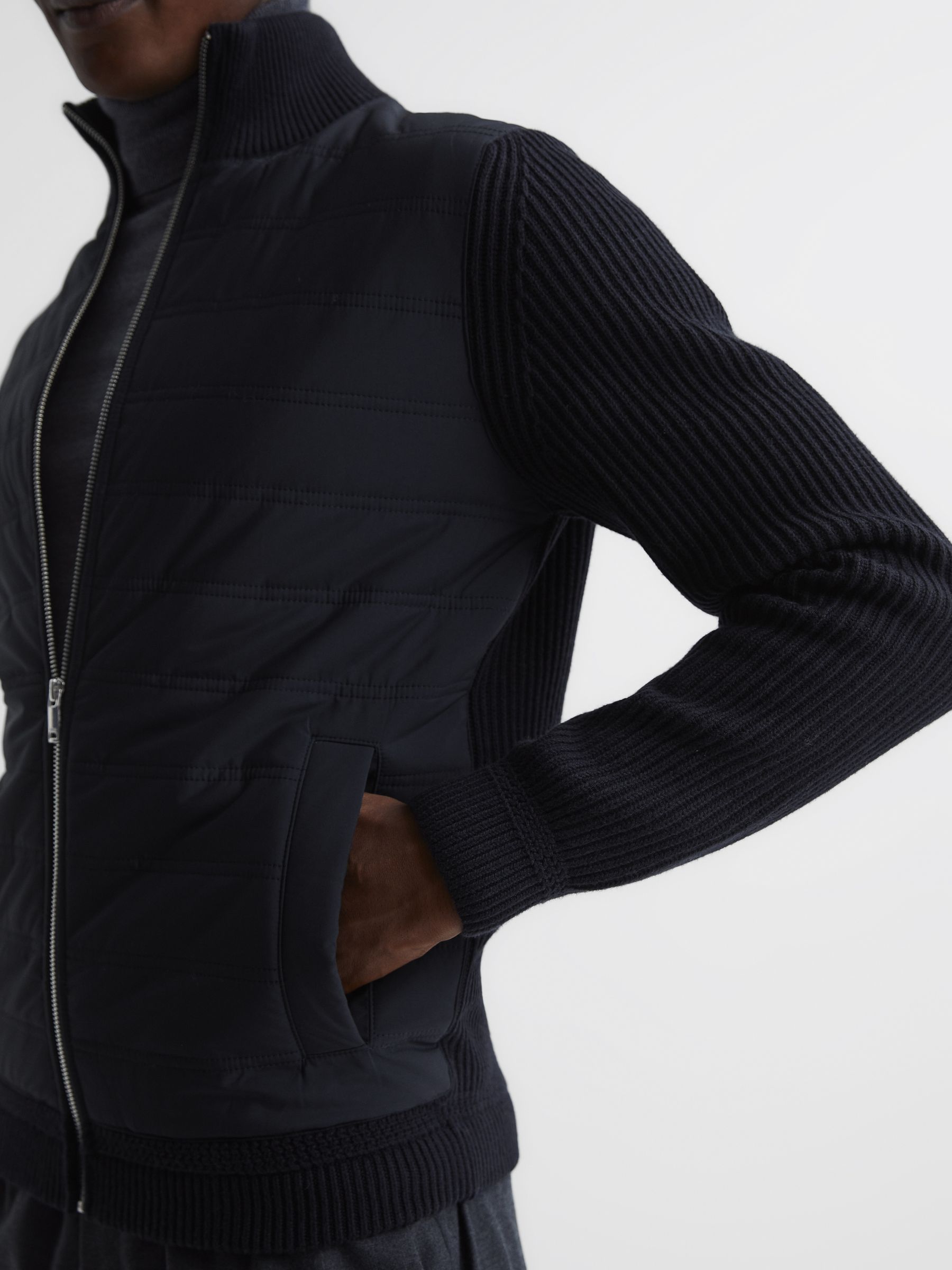 Hybrid Zip Through Quilted Jumper in Navy - Image 4 of 6