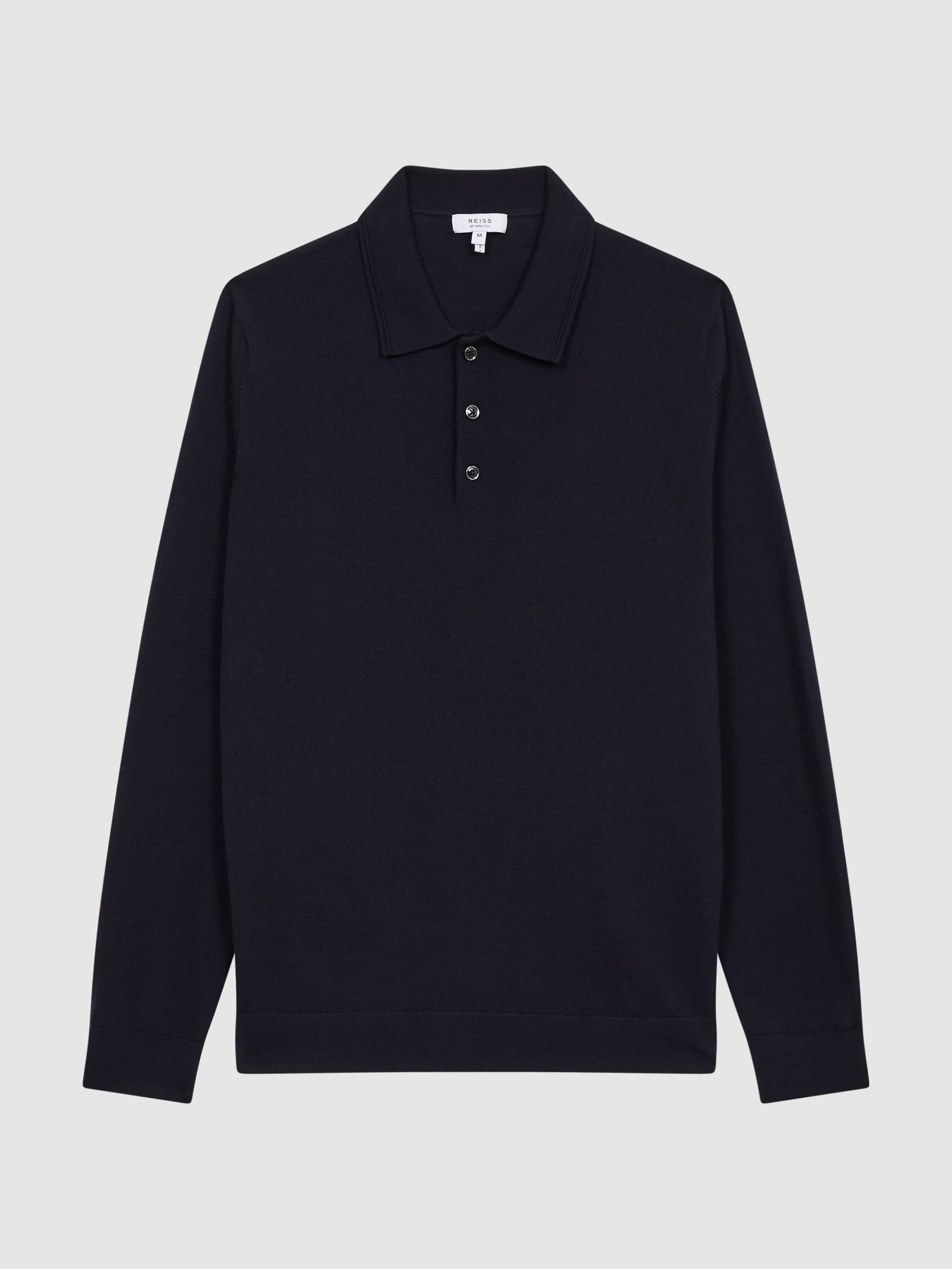 Merino Wool Polo Shirt in Navy - Image 2 of 6