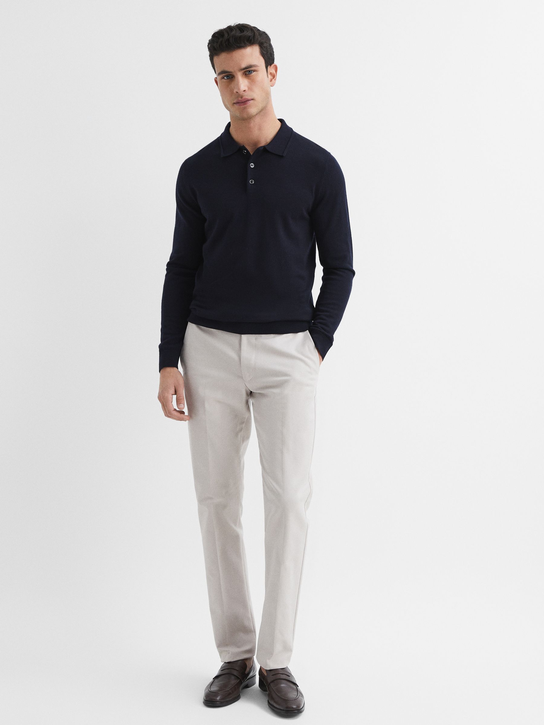 Merino Wool Polo Shirt in Navy - Image 3 of 6