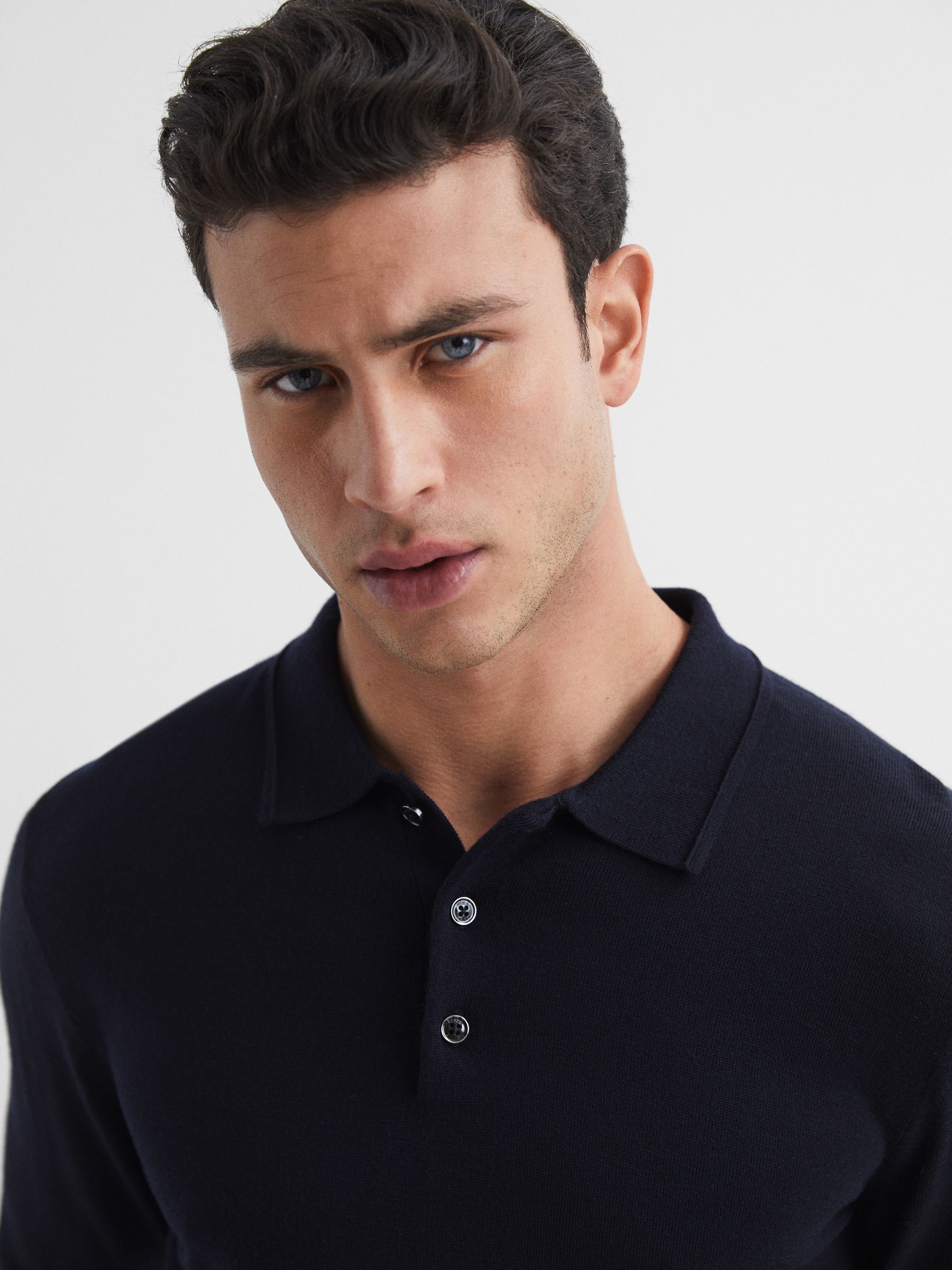 Merino Wool Polo Shirt in Navy - Image 4 of 6