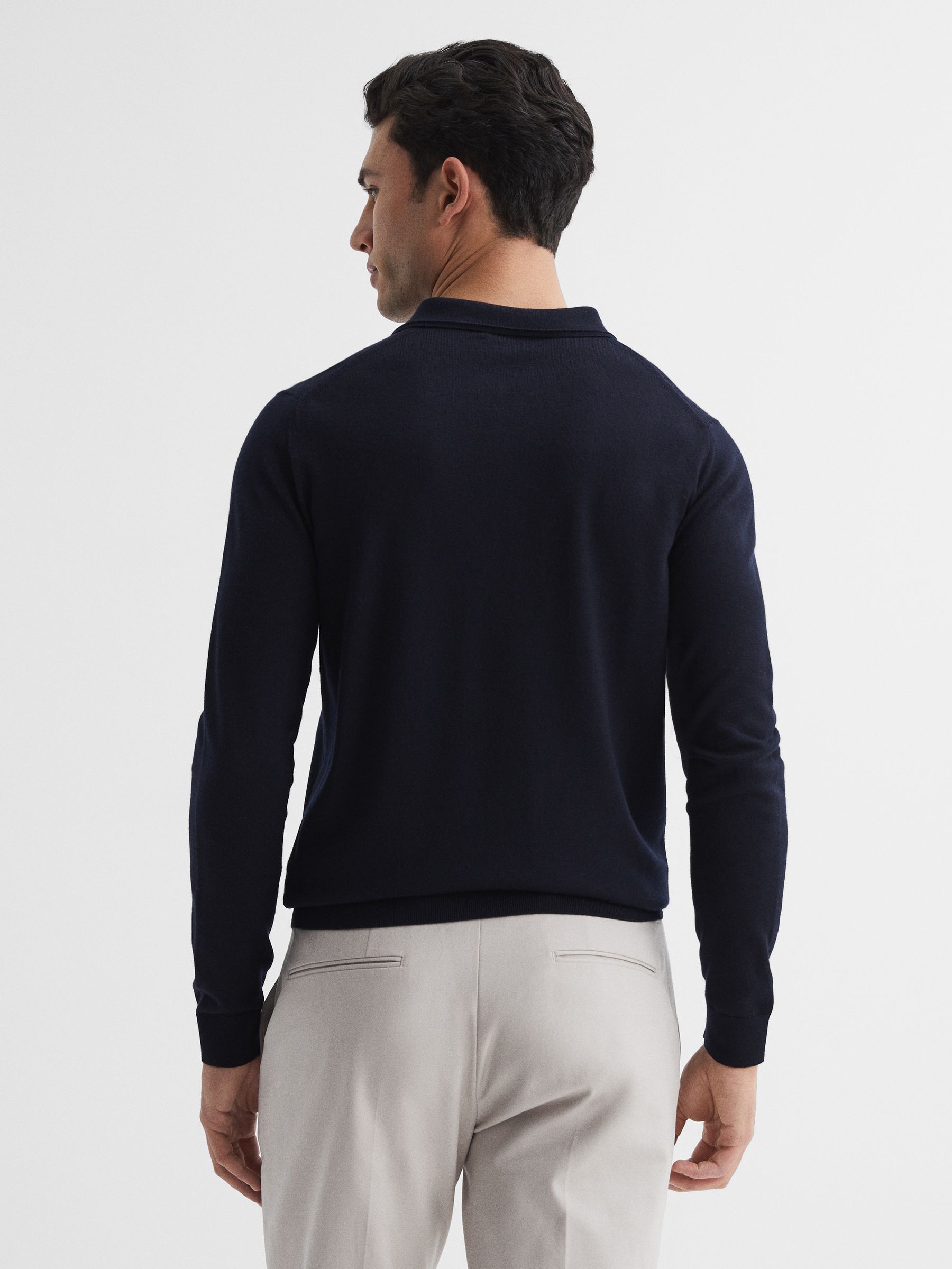 Merino Wool Polo Shirt in Navy - Image 5 of 6
