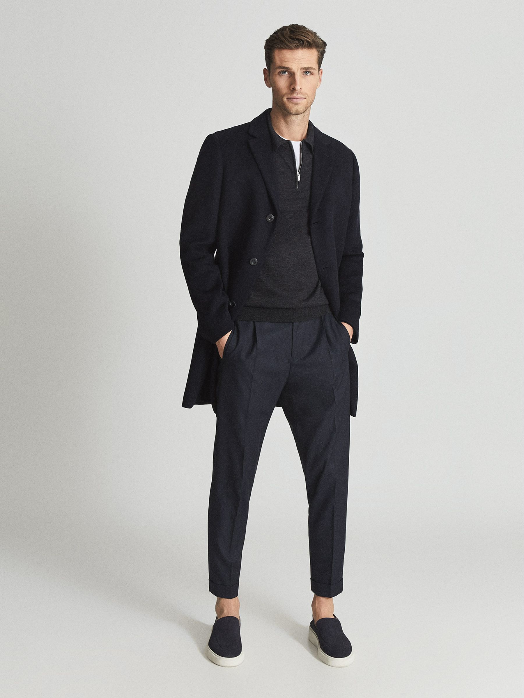 Merino Wool Zip Neck Polo Shirt in Charcoal Melange - Image 1 of 5