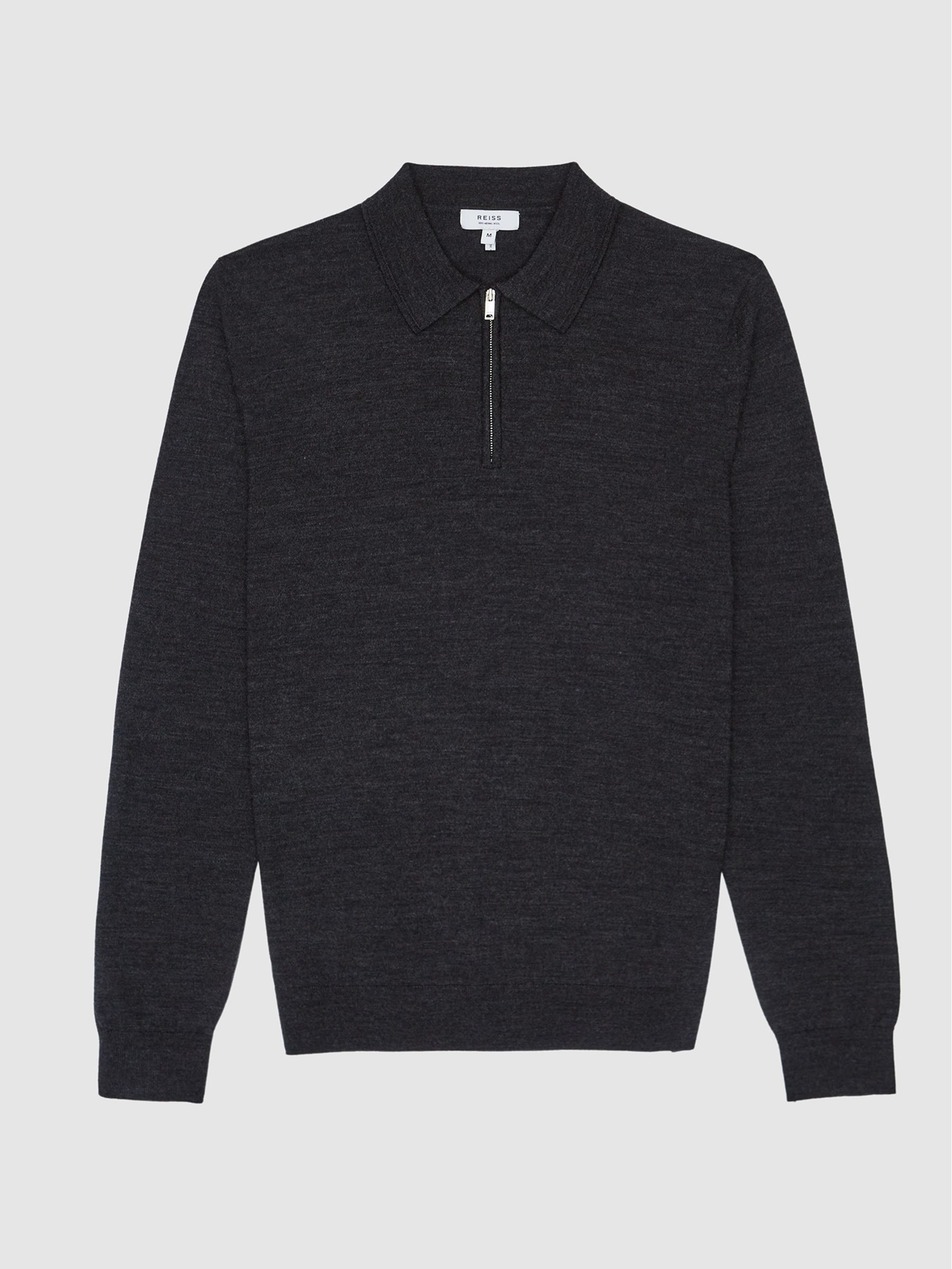 Merino Wool Zip Neck Polo Shirt in Charcoal Melange - Image 2 of 5