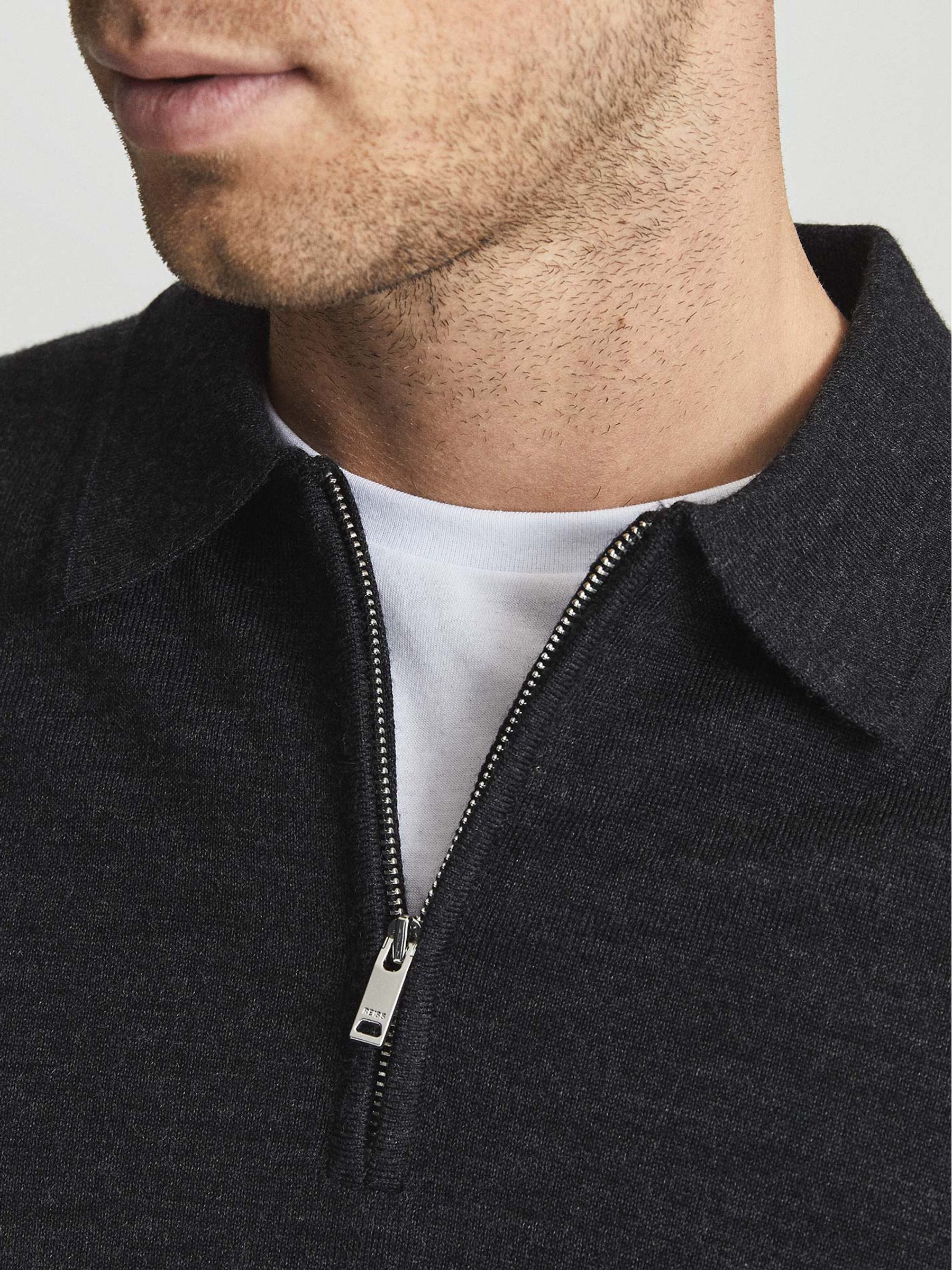 Merino Wool Zip Neck Polo Shirt in Charcoal Melange - Image 4 of 5