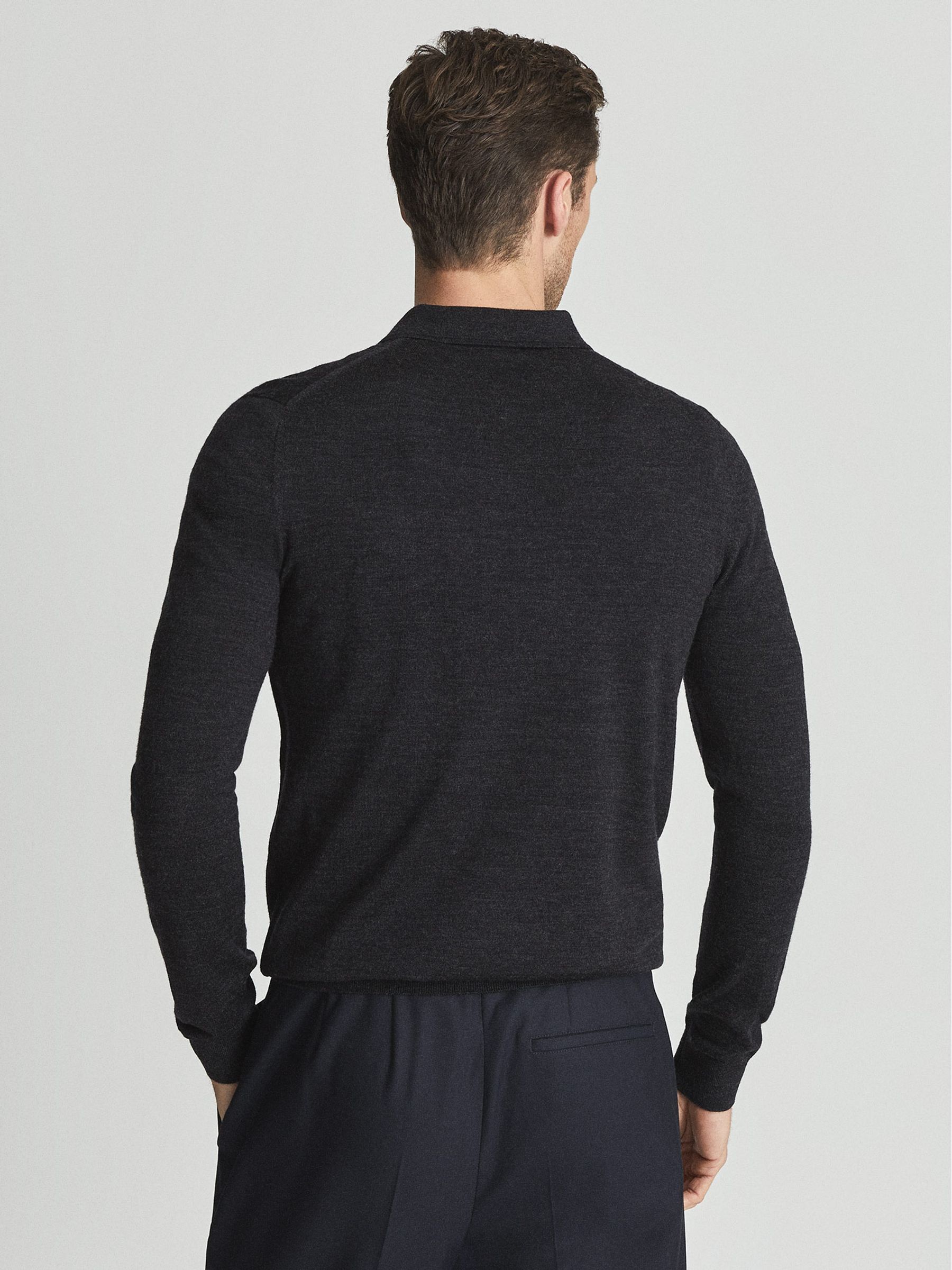 Merino Wool Zip Neck Polo Shirt in Charcoal Melange - Image 5 of 5
