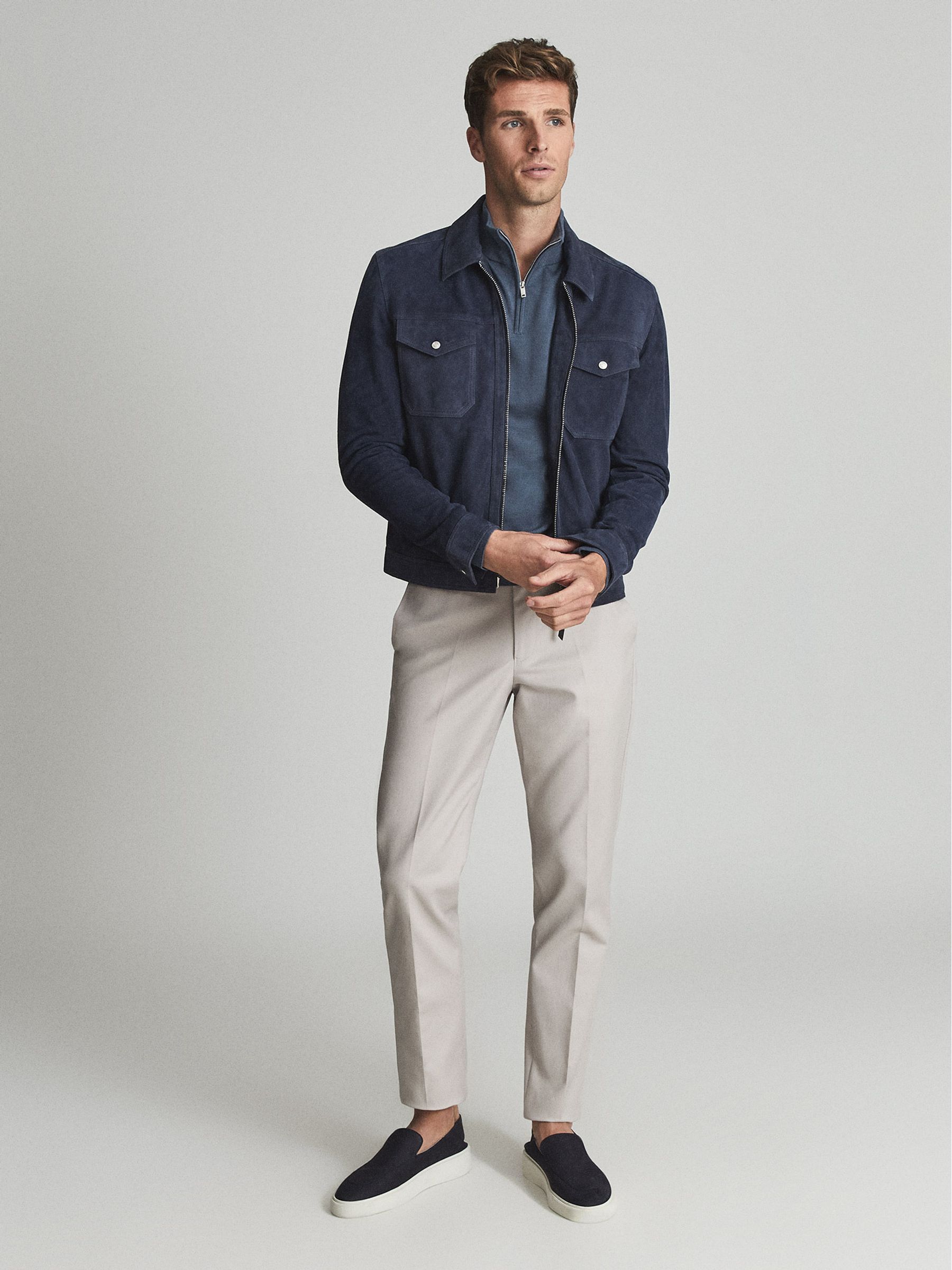 Merino Wool Half-Zip Funnel Neck Jumper in Steel Blue - Image 1 of 5