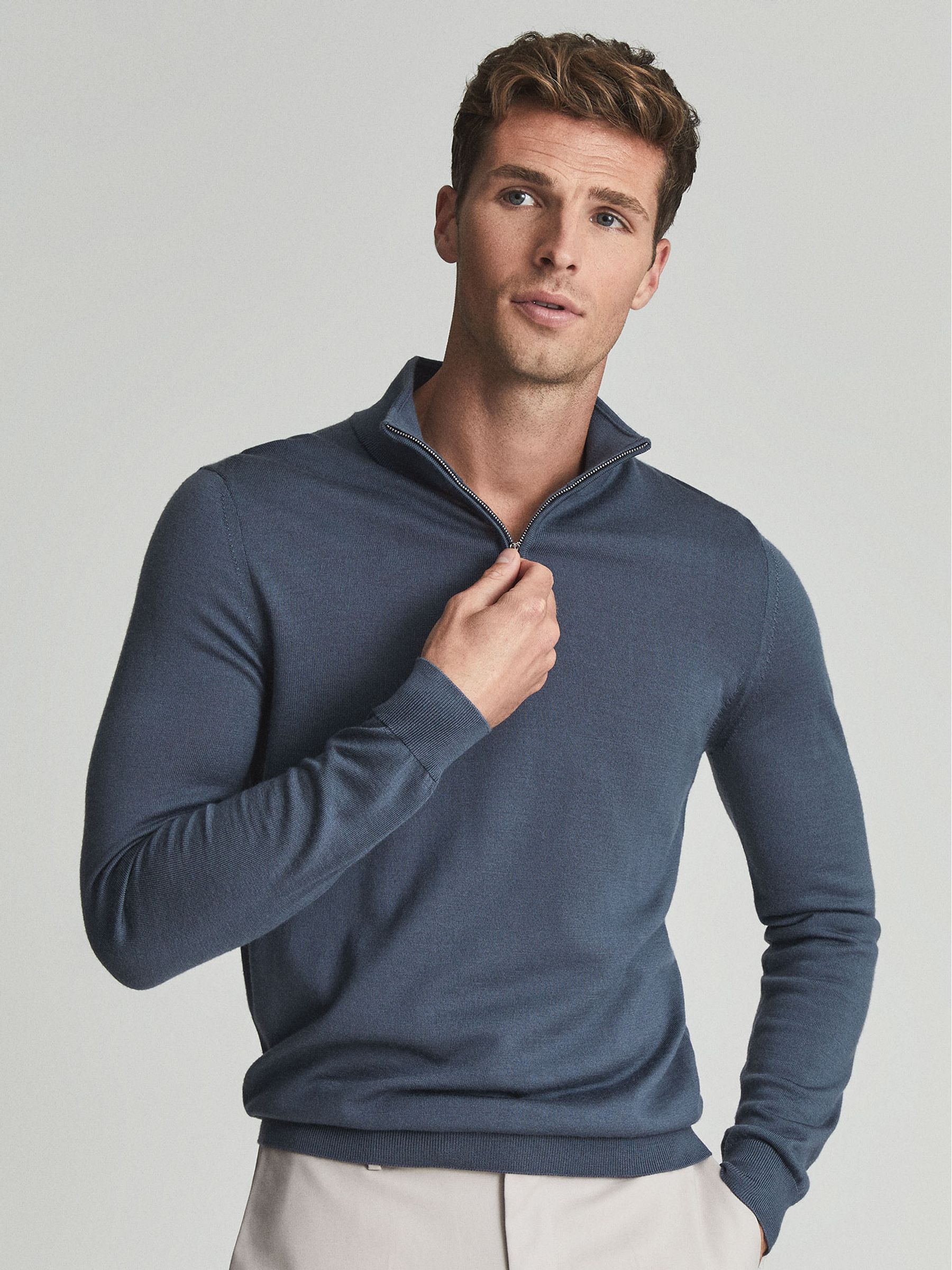Merino Wool Half-Zip Funnel Neck Jumper in Steel Blue - Image 3 of 5