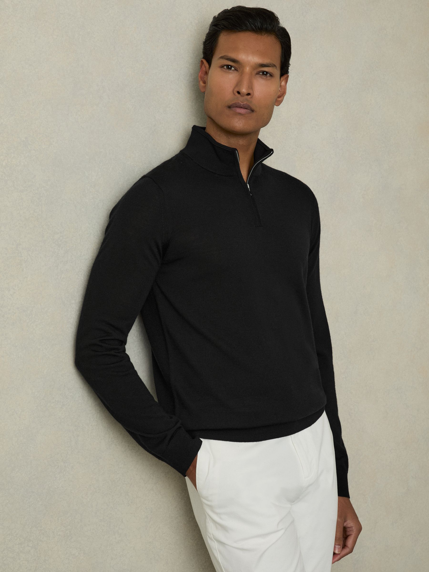 Merino Wool Half-Zip Funnel Neck Jumper in Black - Image 1 of 5