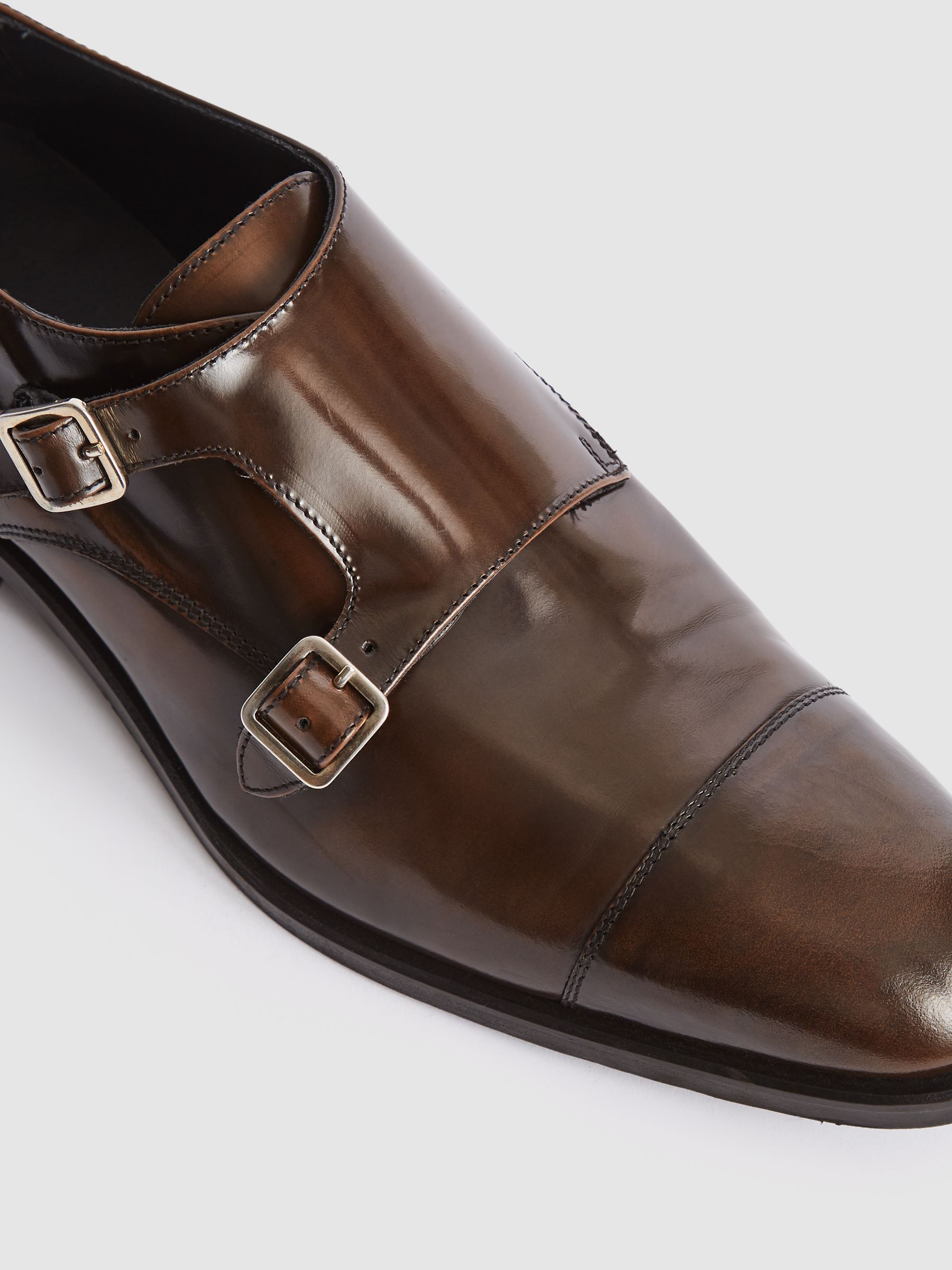 Reiss Patent Leather Double Monk Strap Shoes in Brown REISS