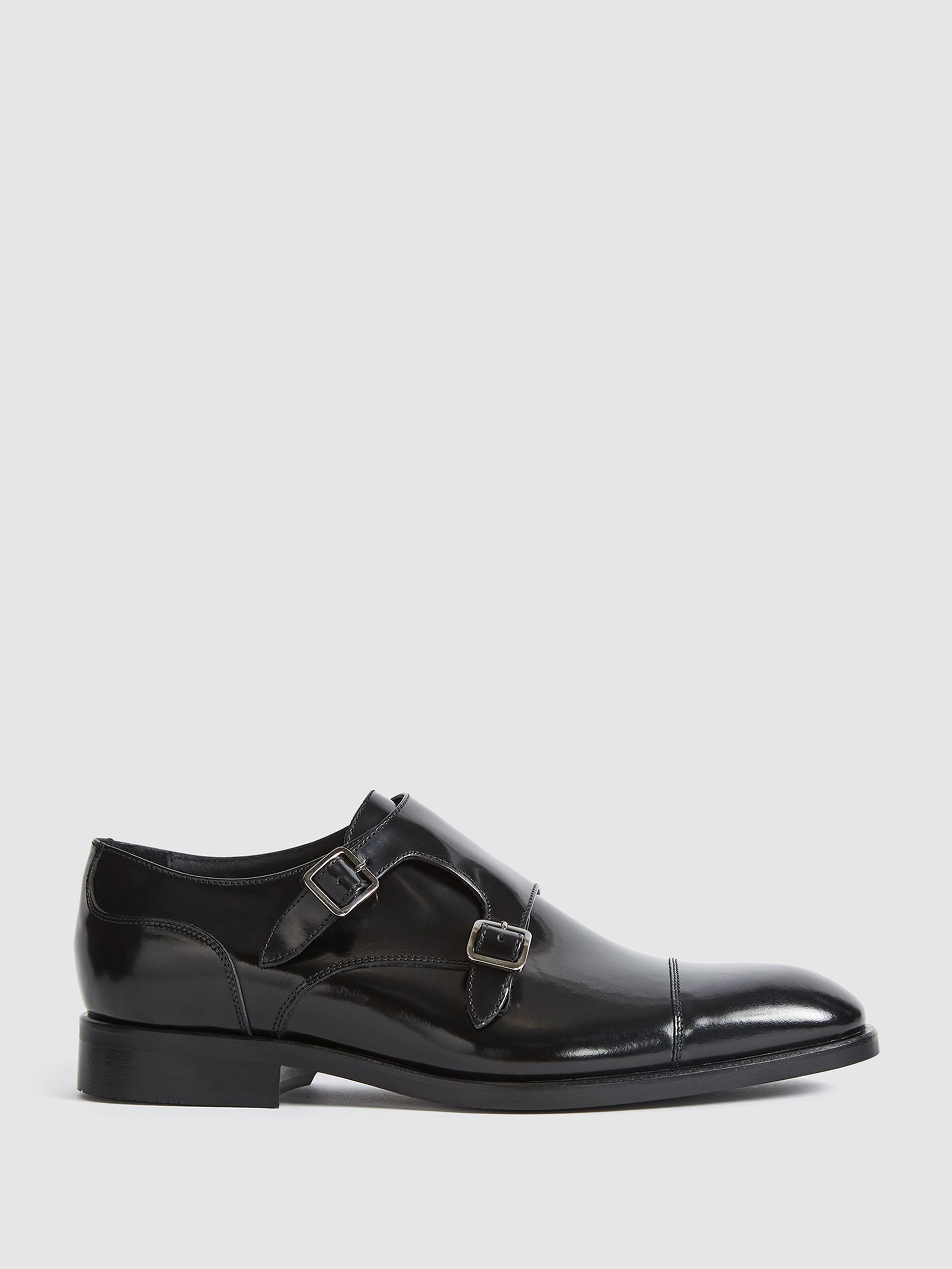 High Shine Leather Monk Strap Shoes in Black - Image 1 of 7