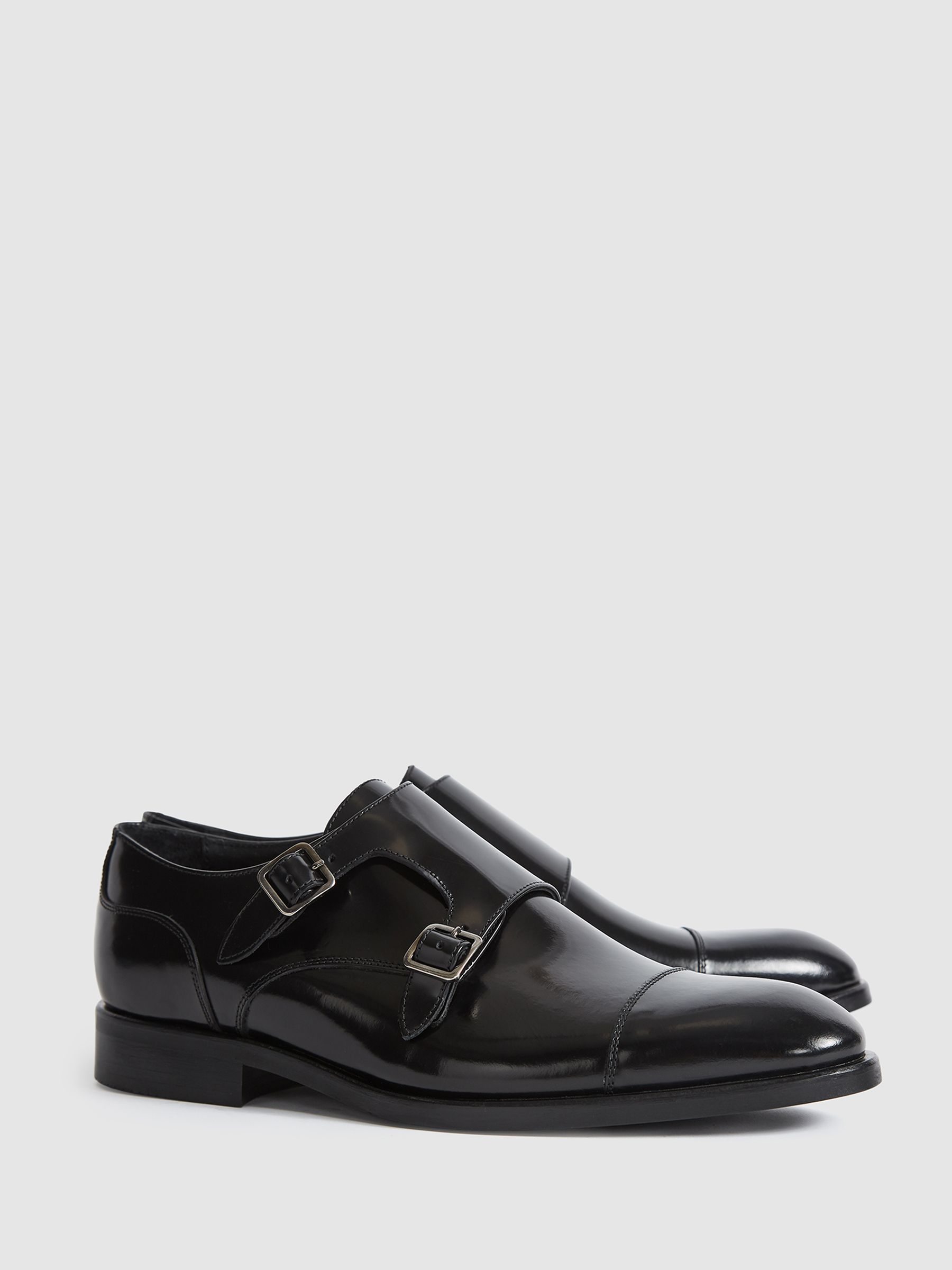 High Shine Leather Monk Strap Shoes in Black - Image 3 of 7