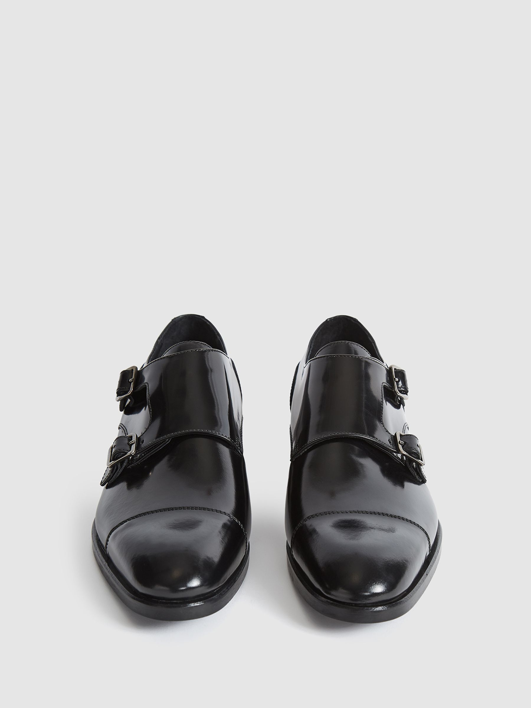 High Shine Leather Monk Strap Shoes in Black - Image 4 of 7