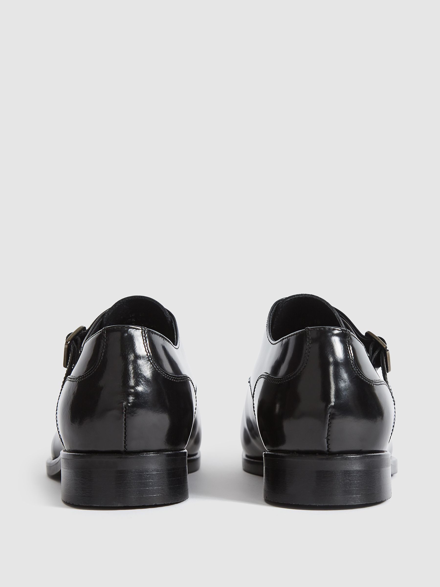 High Shine Leather Monk Strap Shoes in Black - Image 5 of 7