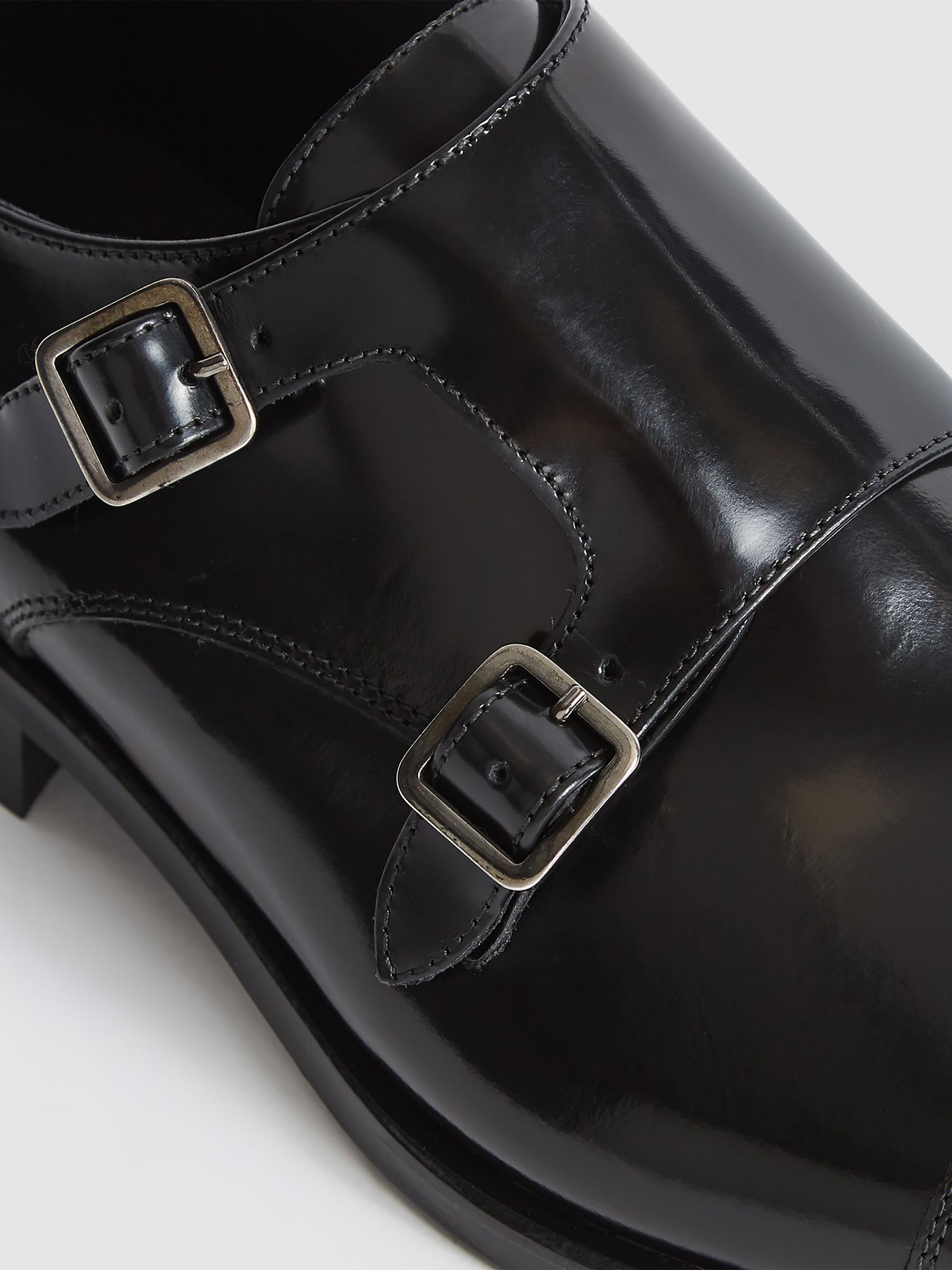 High Shine Leather Monk Strap Shoes in Black - Image 6 of 7