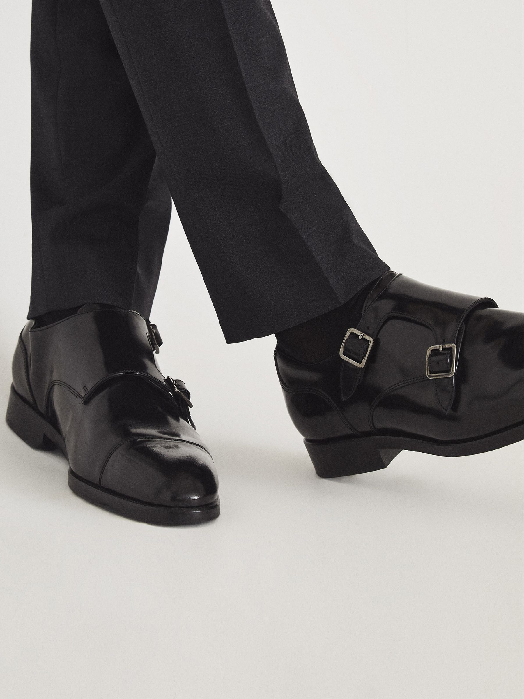 High Shine Leather Monk Strap Shoes in Black - Image 7 of 7