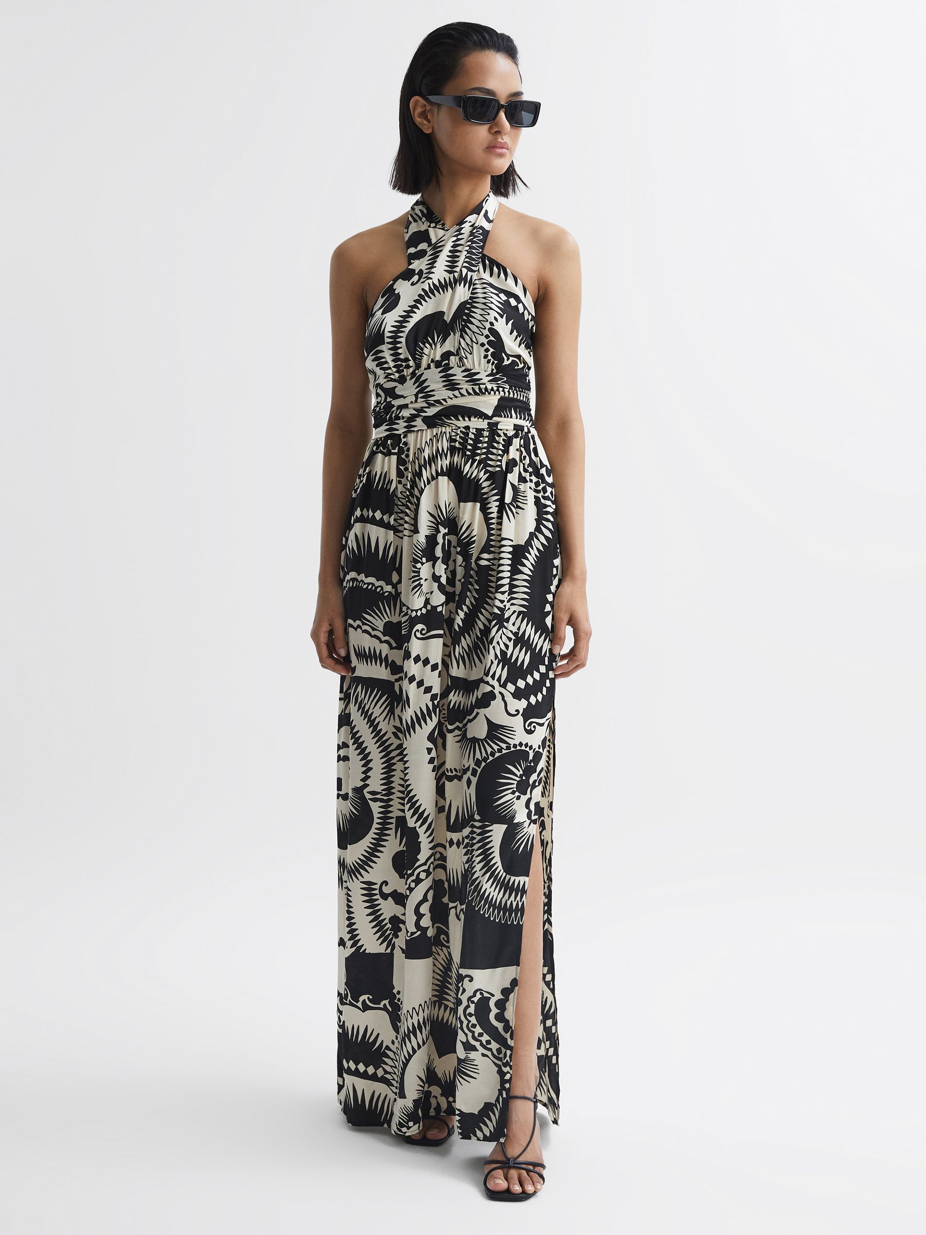 Printed Halter Neck Maxi Dress in Black/White - Image 4 of 6
