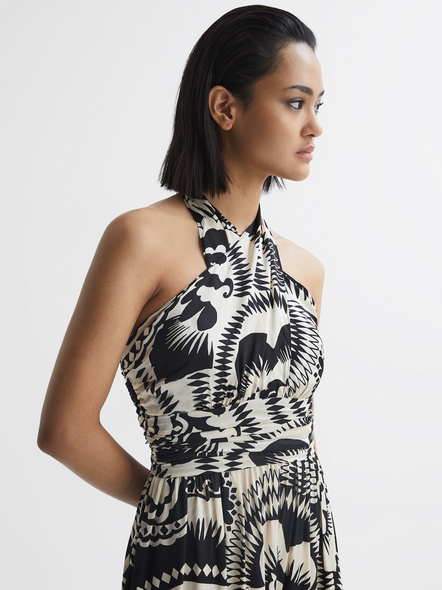 Green Abstract Halter Neck Tiered Maxi Dress