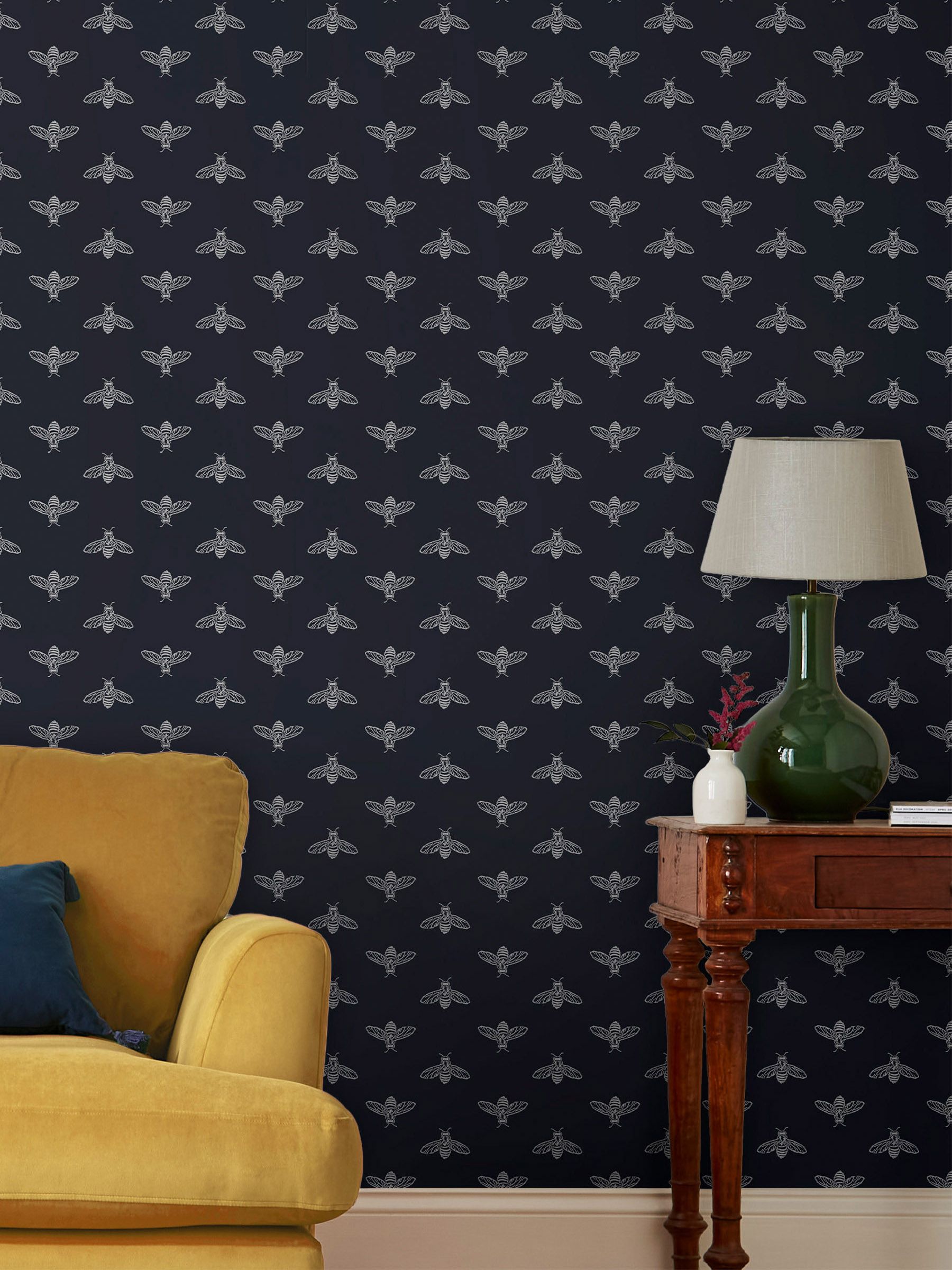 French Navy Block Print Bee Wallpaper - Image 1 of 3