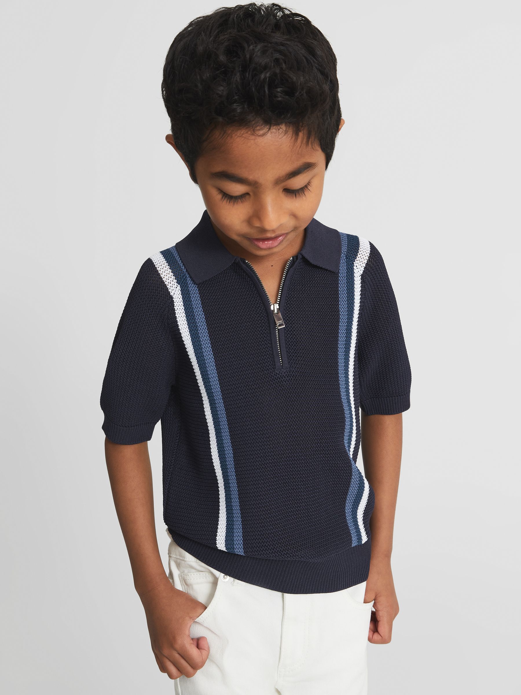 Half Zip Neck Striped Polo T-Shirt in Navy - Image 1 of 6 Half Zip Neck Striped Polo T-Shirt in Navy - Image 1 of 6