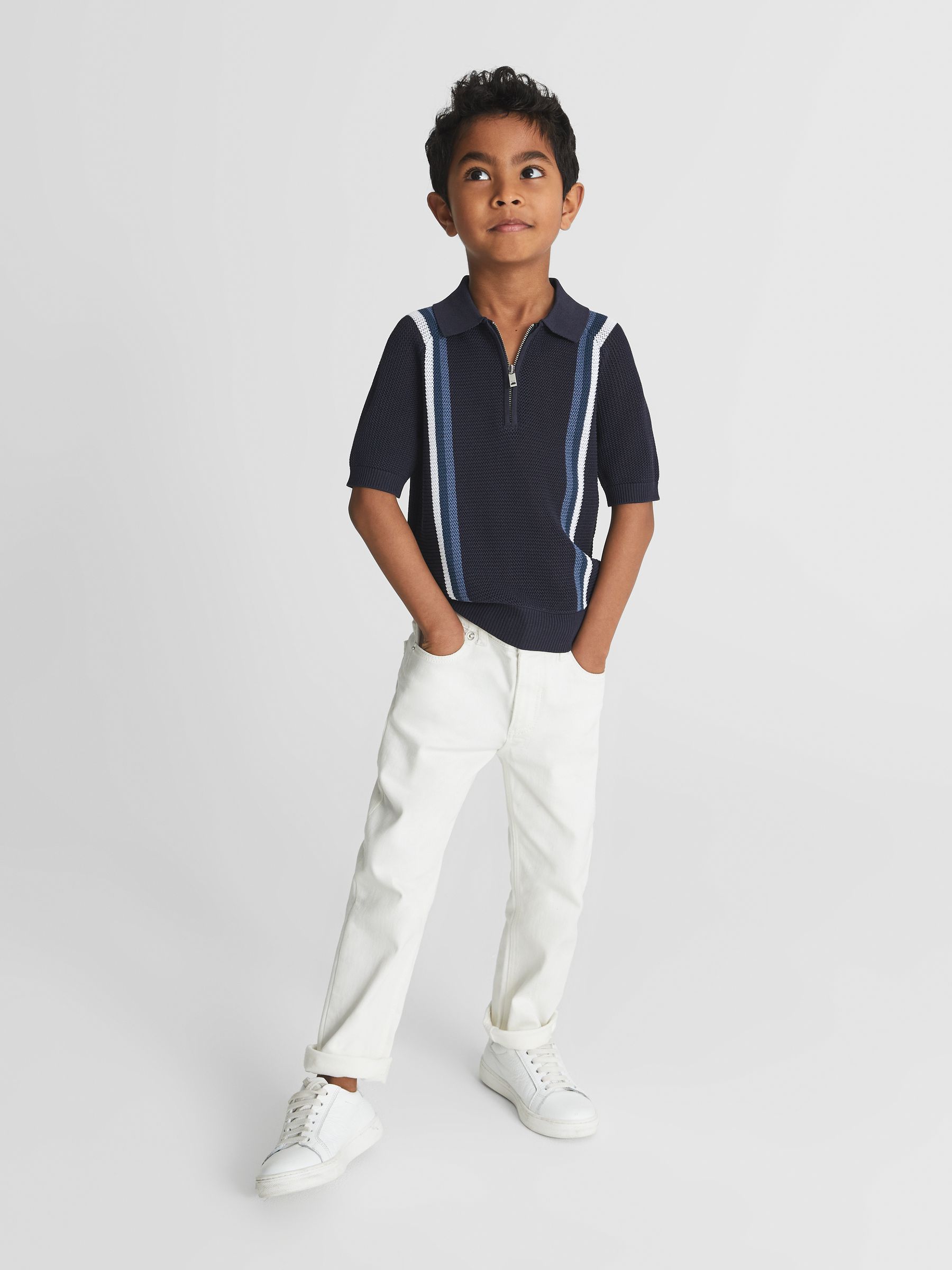 Half Zip Neck Striped Polo T-Shirt in Navy - Image 3 of 6