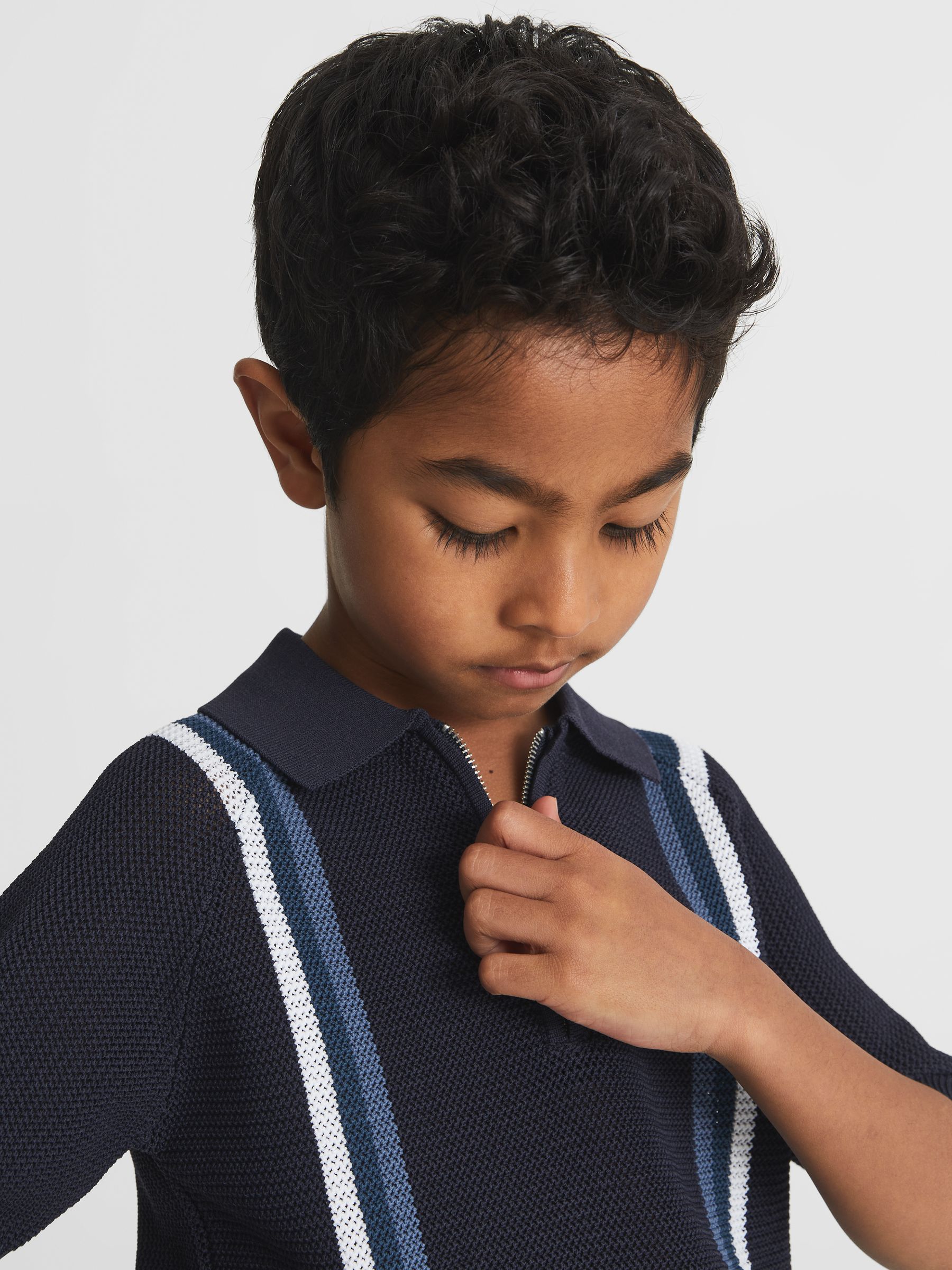 Half Zip Neck Striped Polo T-Shirt in Navy - Image 4 of 6