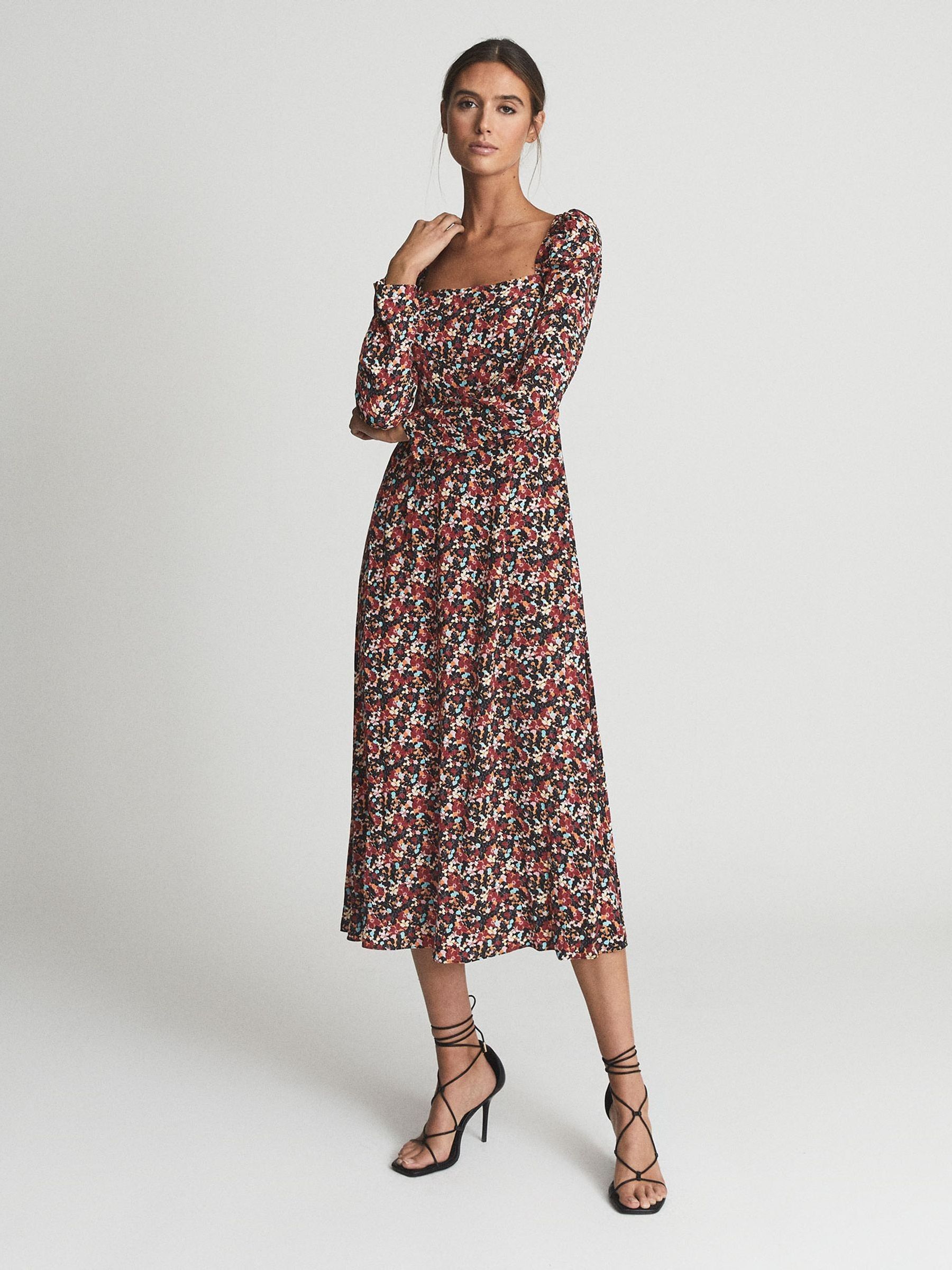 Square Neck Long Sleeve Midi Dress in Black Print - Image 1 of 6 Square Neck Long Sleeve Midi Dress in Black Print - Image 1 of 6