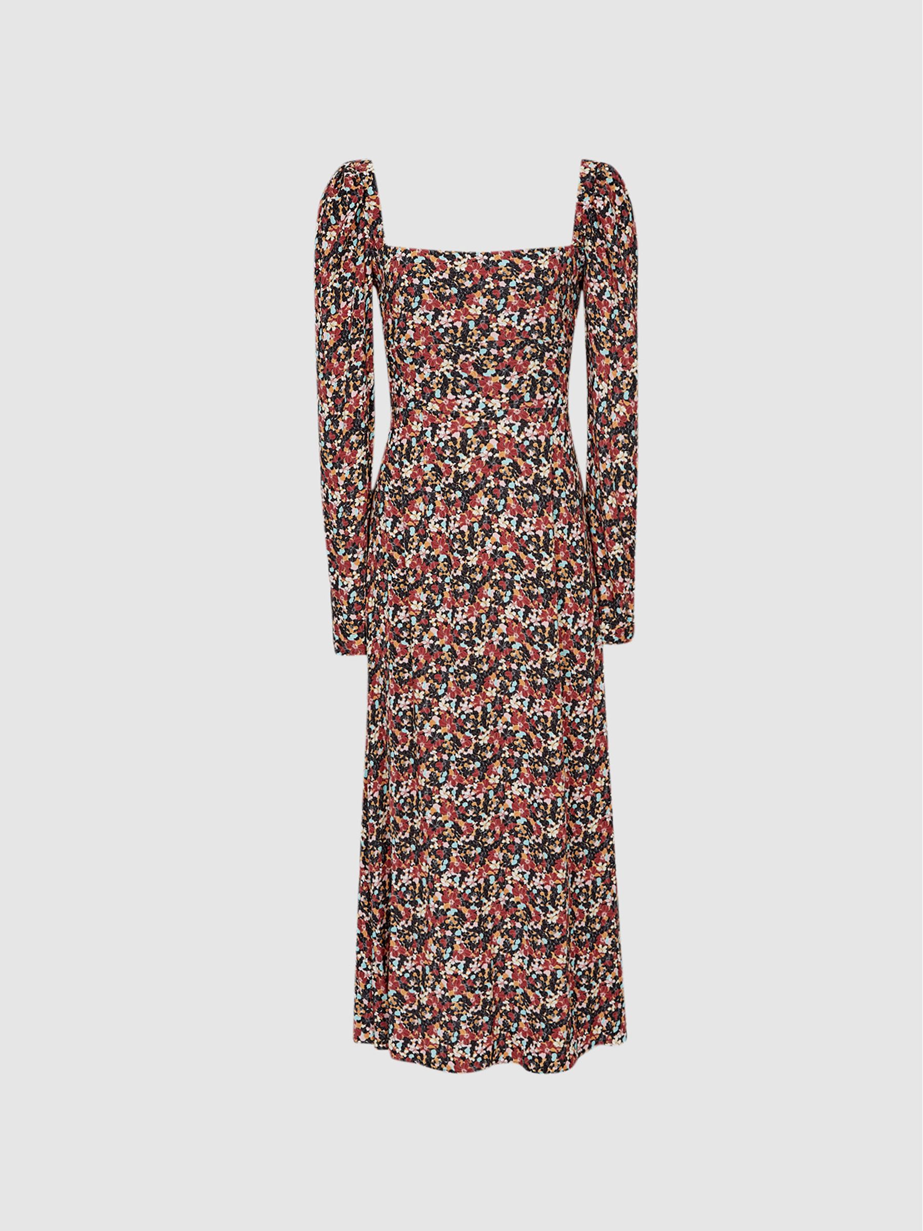 Square Neck Long Sleeve Midi Dress in Black Print - Image 2 of 6