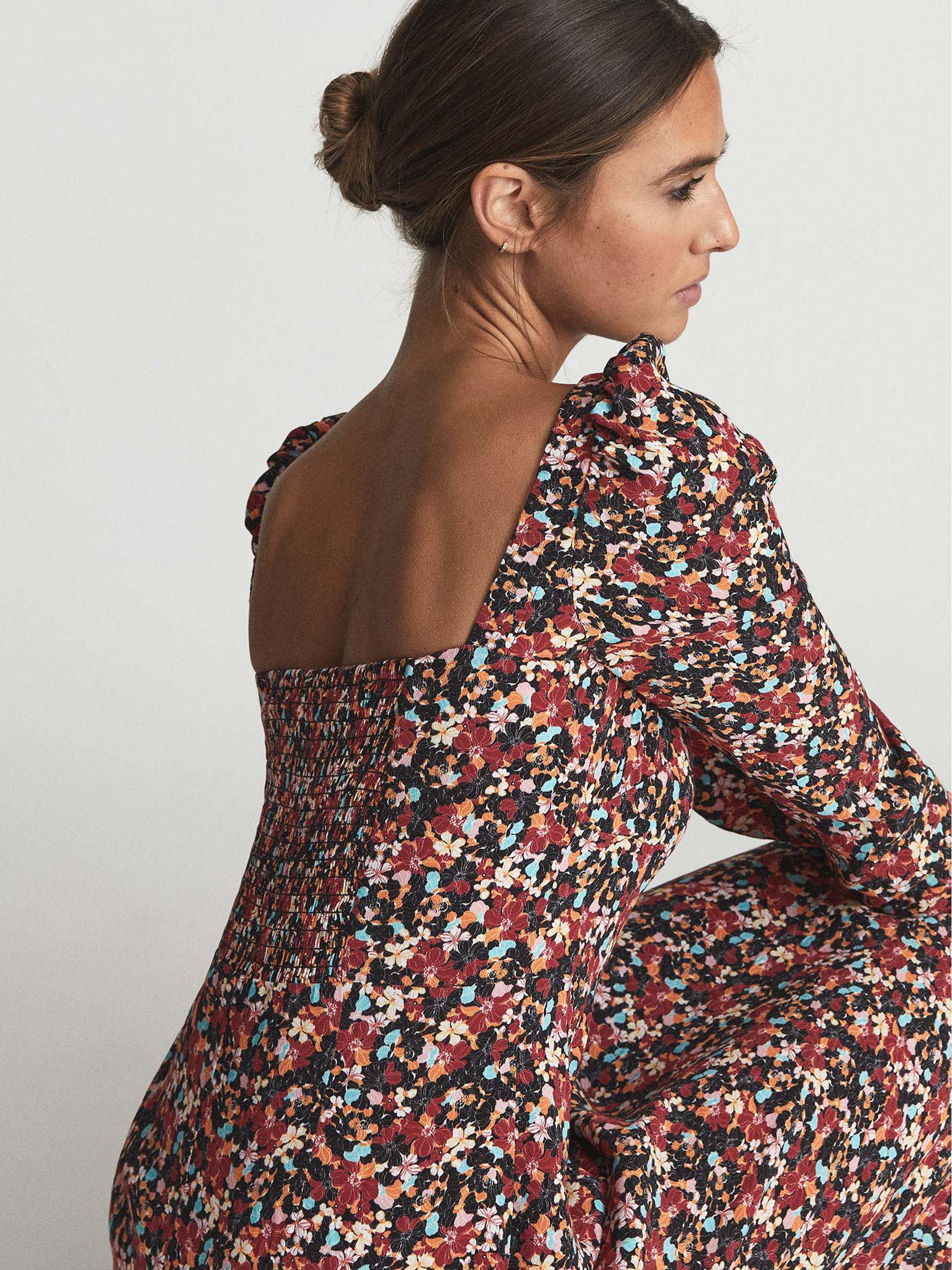 Square Neck Long Sleeve Midi Dress in Black Print - Image 3 of 6