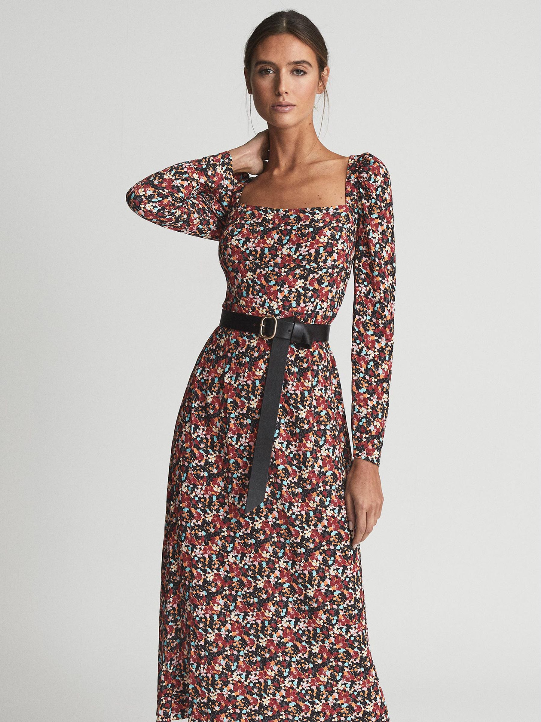 Square Neck Long Sleeve Midi Dress in Black Print - Image 4 of 6