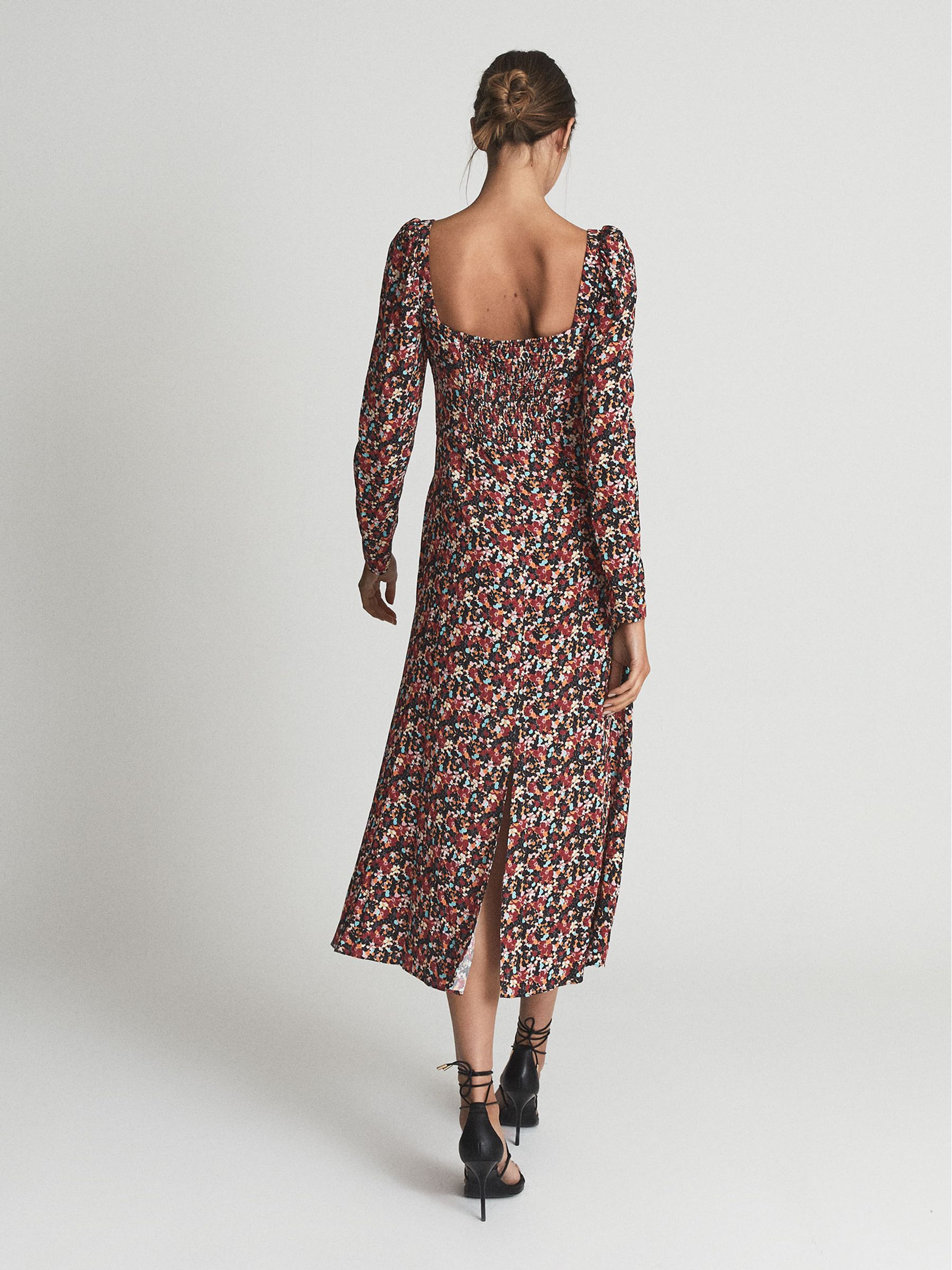 Square Neck Long Sleeve Midi Dress in Black Print - Image 5 of 6