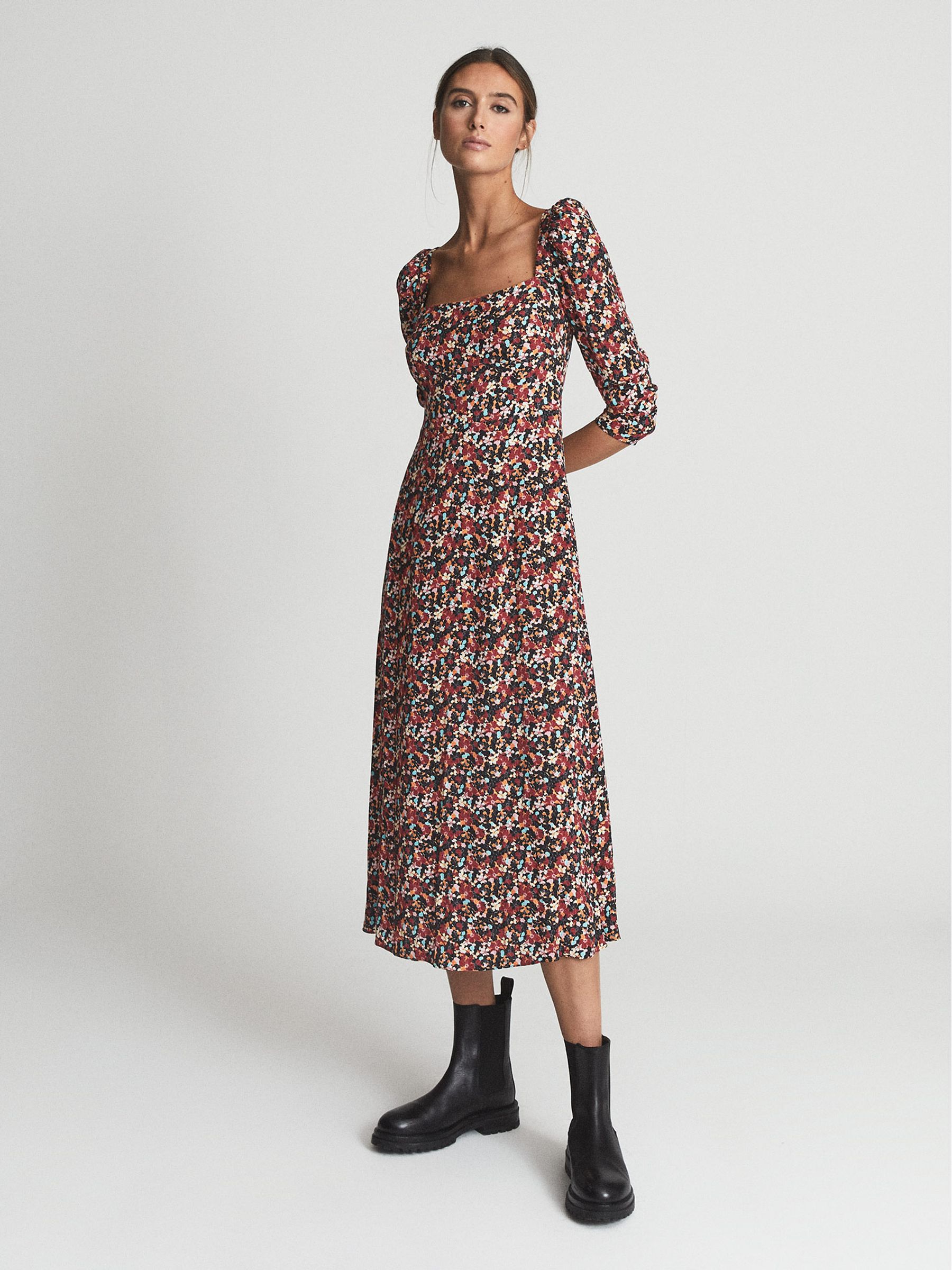 Square Neck Long Sleeve Midi Dress in Black Print - Image 6 of 6