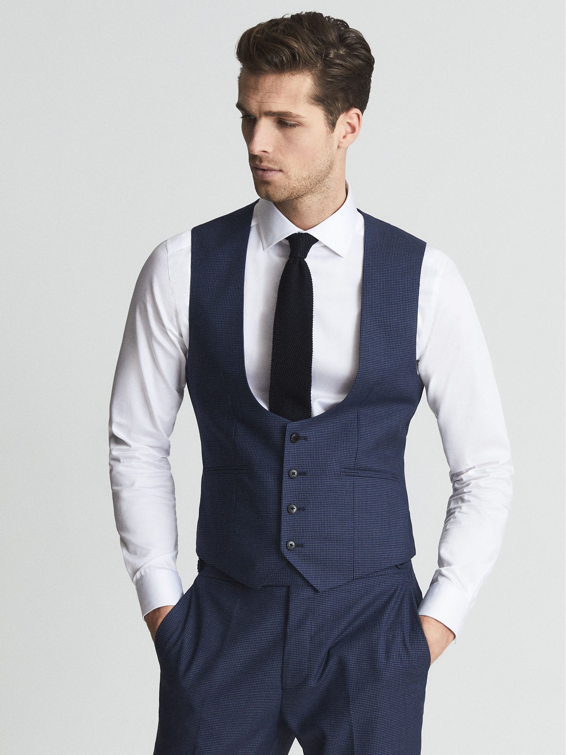 Millenium Hw Indigo Puppytooth Horseshoe Neck Slim Fit Waistcoat - Image 3 of 7