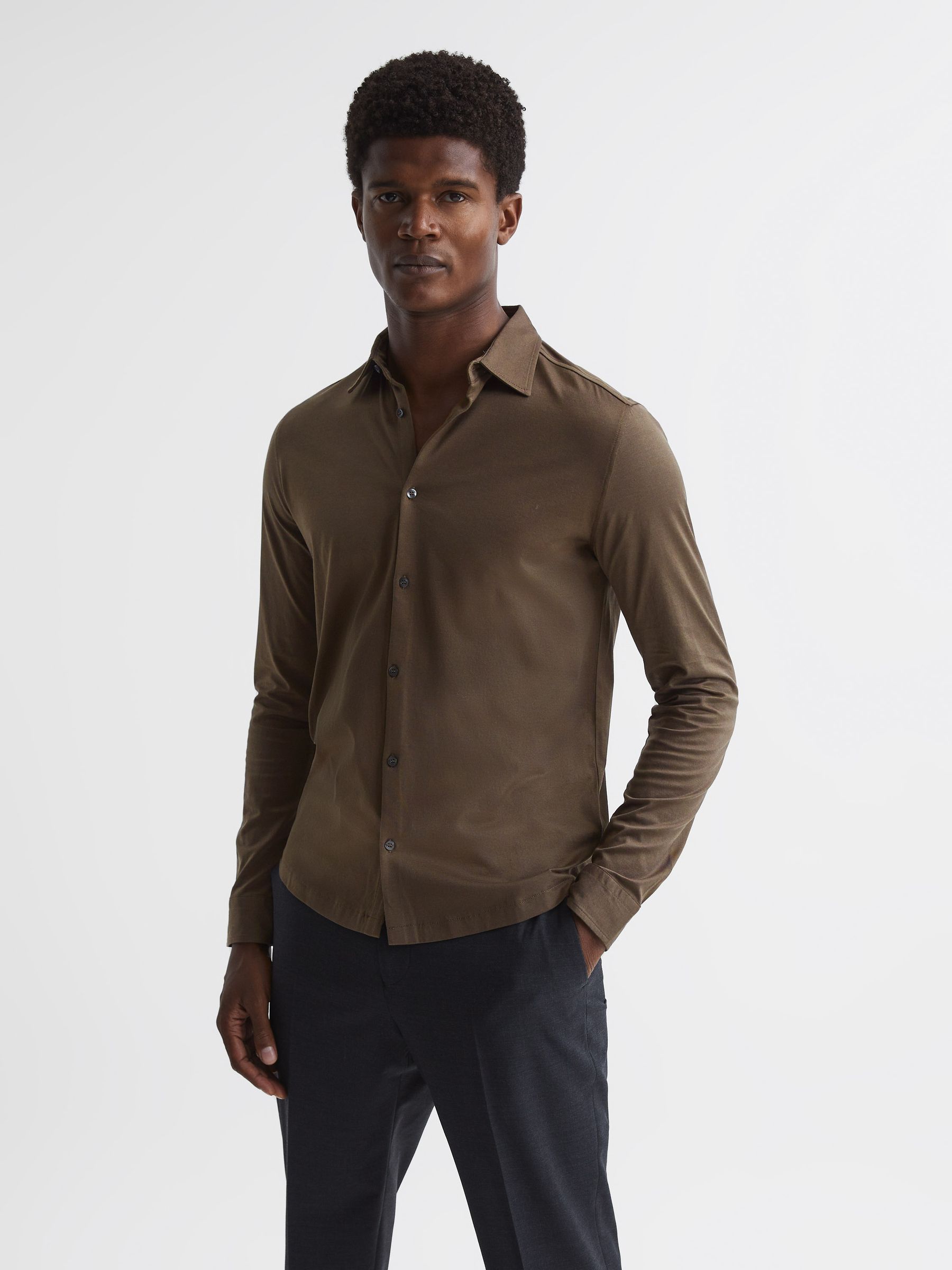 Mercerised Jersey Shirt in Mocha - Image 6 of 6