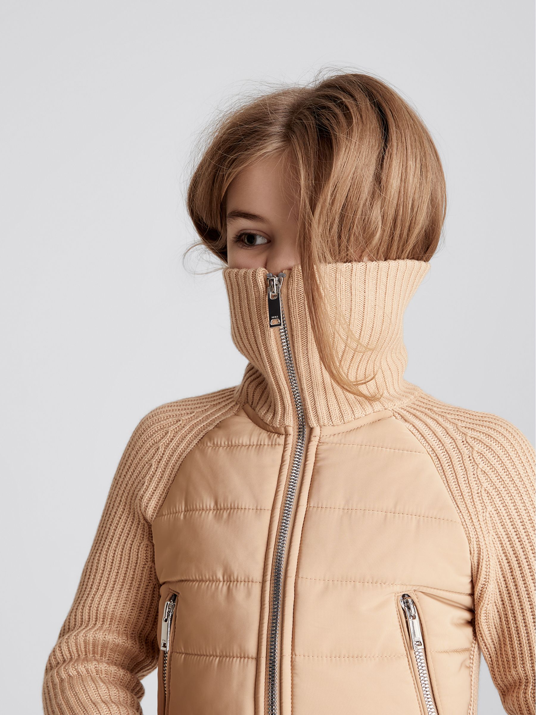 Knitted Hybrid Jacket in Camel - Image 4 of 8