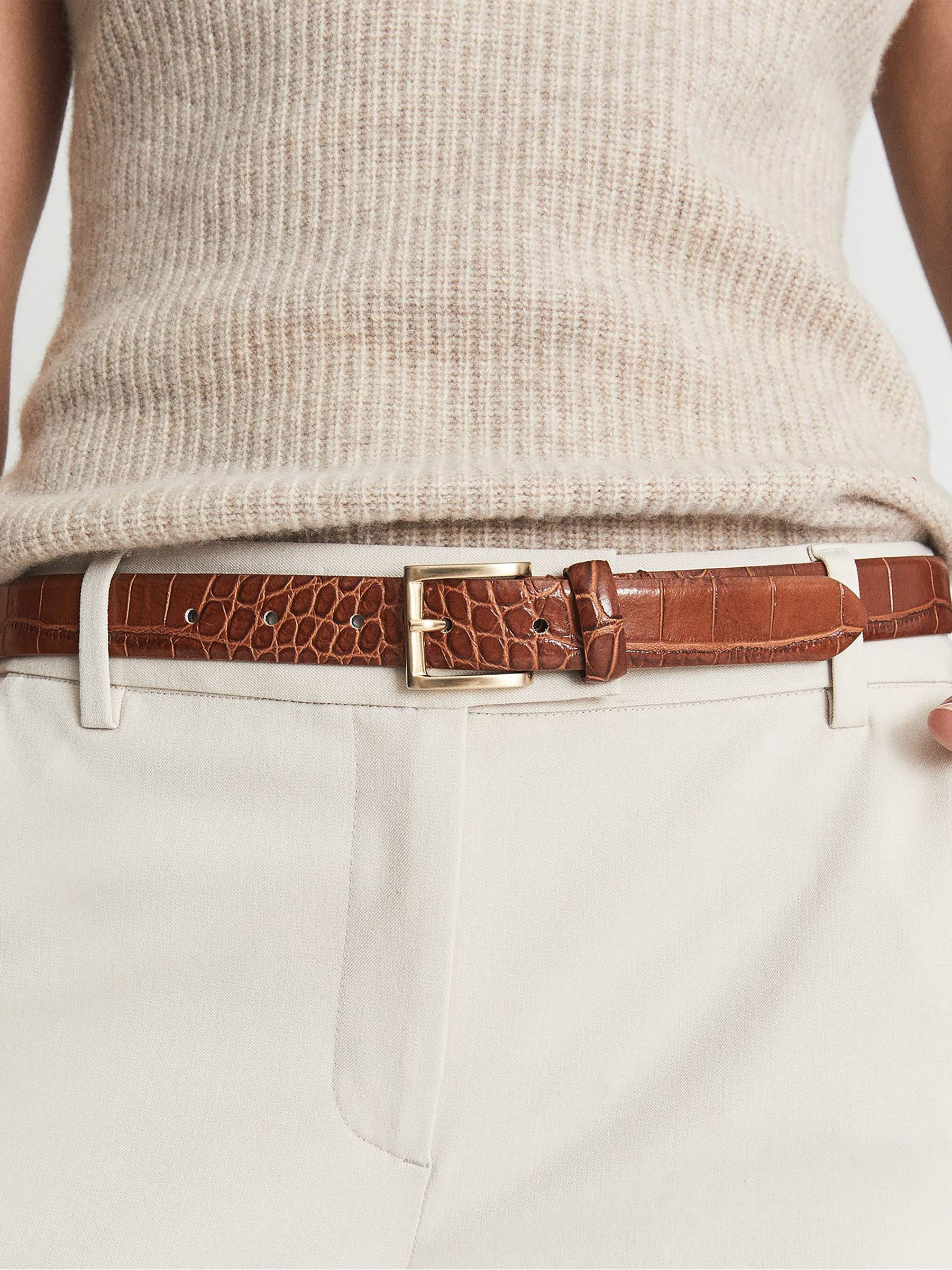 Leather Croc Embossed Belt in Caramel - Image 2 of 4