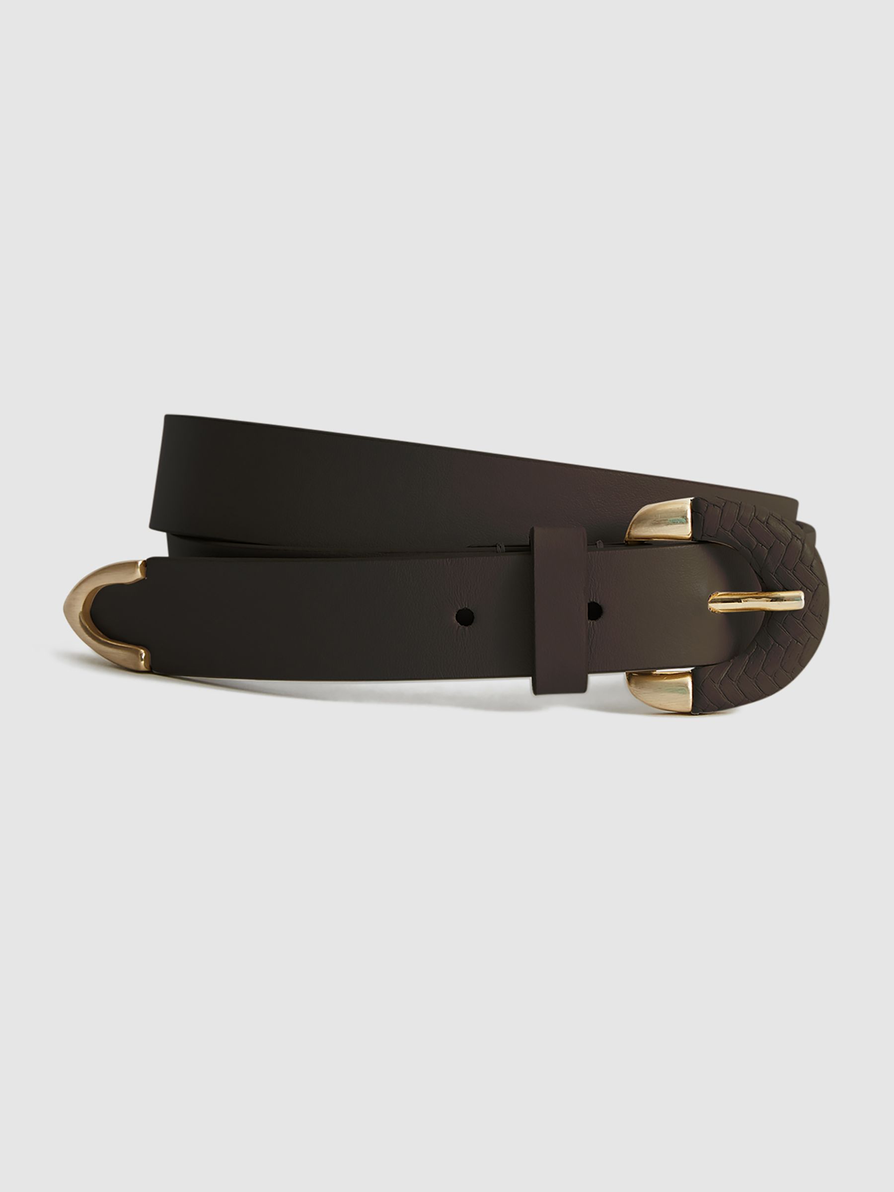 Decorative Buckle Leather Belt in Chocolate - Image 2 of 7